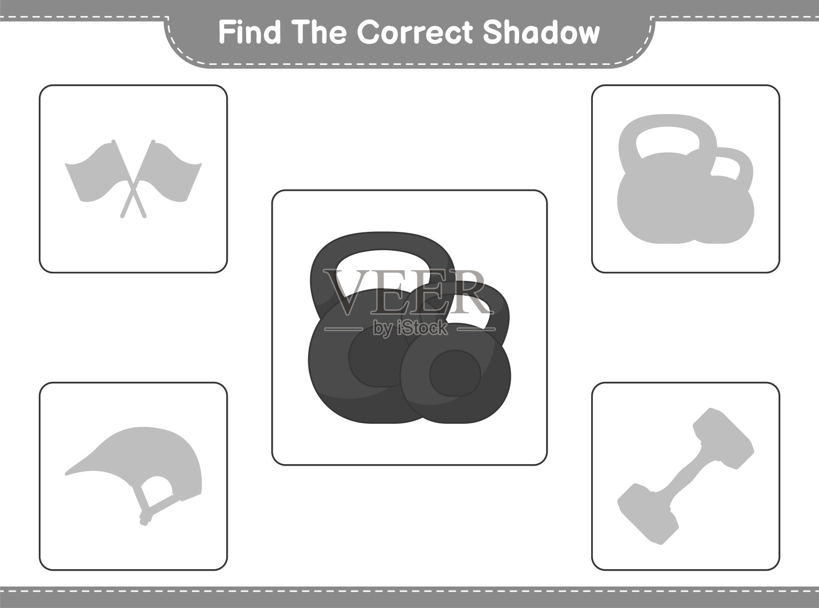 找到正确的阴影。找出并匹配哑铃的正确影子。教育儿童游戏，可打印的工作表，矢量插图插画图片素材
