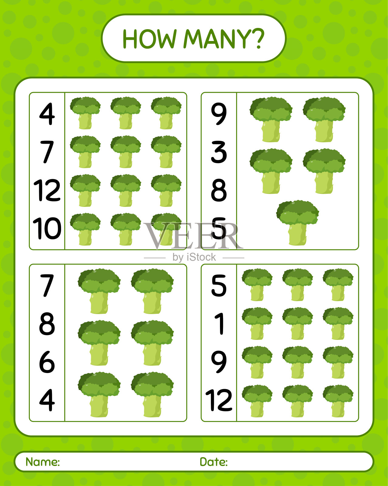 用花椰菜数多少游戏。学龄前儿童的工作表，儿童活动表，可打印的工作表插画图片素材
