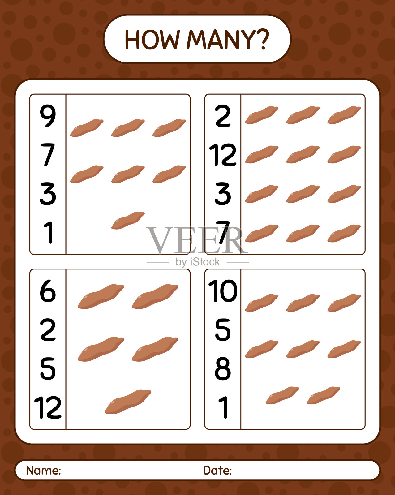 跟红薯有多少个数数游戏。学龄前儿童的工作表，儿童活动表，可打印的工作表插画图片素材