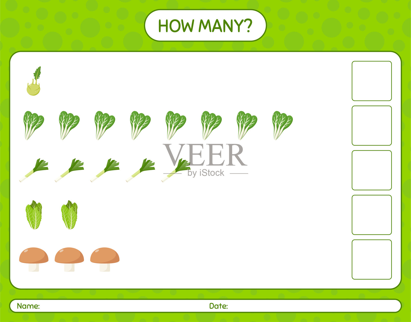 多少数蔬菜游戏。学龄前儿童的工作表，儿童活动表，可打印的工作表插画图片素材