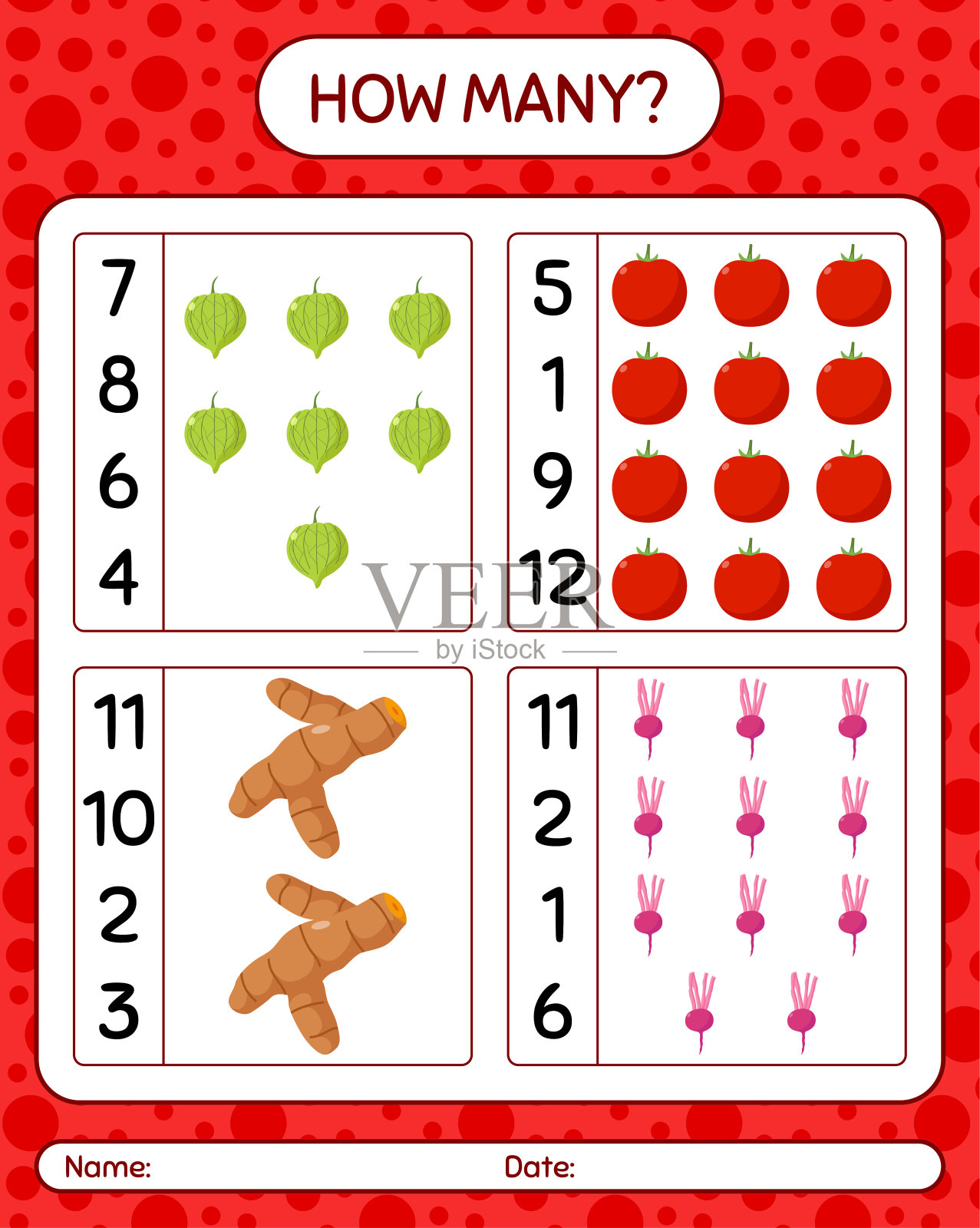有多少数菜游戏。学龄前儿童的工作表，儿童活动表，可打印的工作表插画图片素材
