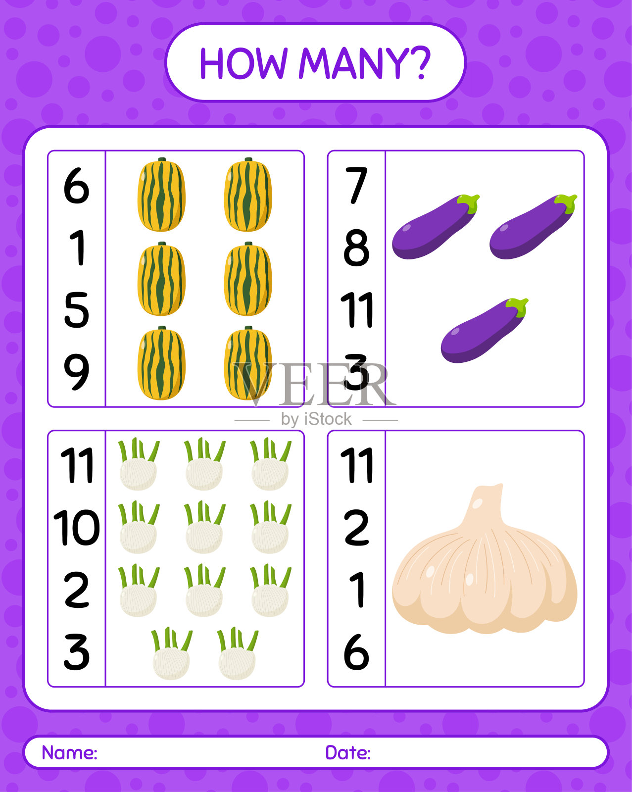 多少数蔬菜游戏。学龄前儿童的工作表，儿童活动表，可打印的工作表插画图片素材