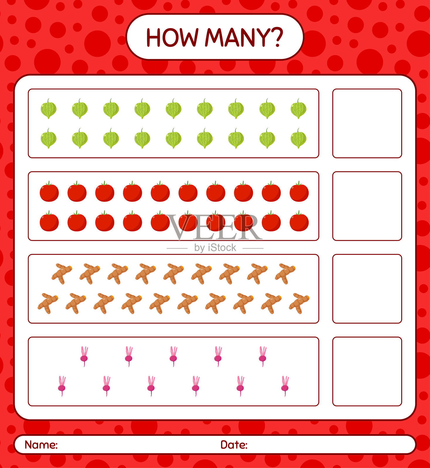 多少数蔬菜游戏。学龄前儿童的工作表，儿童活动表，可打印的工作表插画图片素材