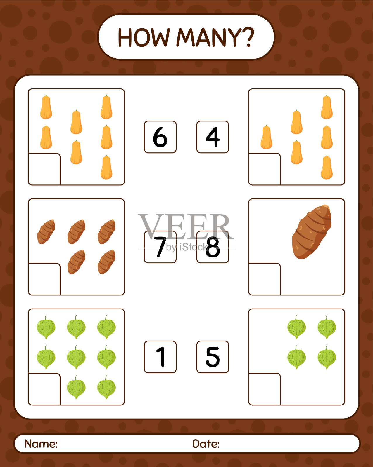 多少数蔬菜游戏。学龄前儿童的工作表，儿童活动表，可打印的工作表插画图片素材