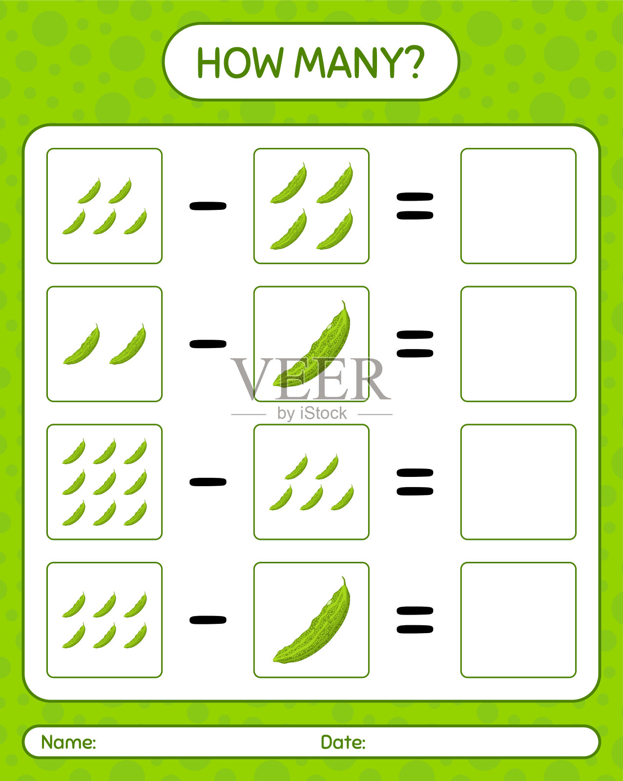 多少数游戏用苦瓜。学龄前儿童的工作表，儿童活动表，可打印的工作表插画图片素材