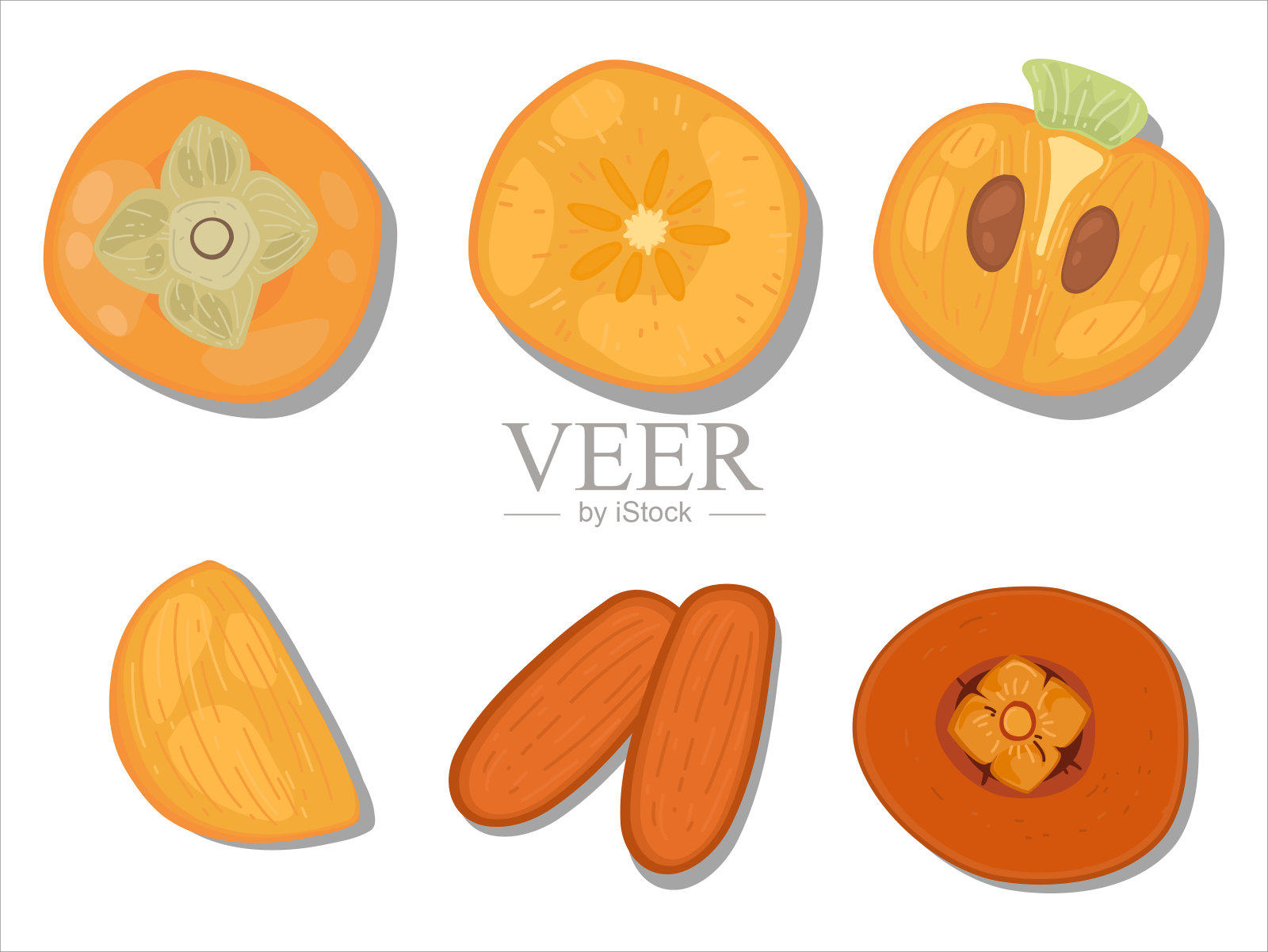 手绘平铺，食物滚花风格矢量插图的成分，孤立在白色的背景。秋天素食成分;柿子片，柿子干。插画图片素材