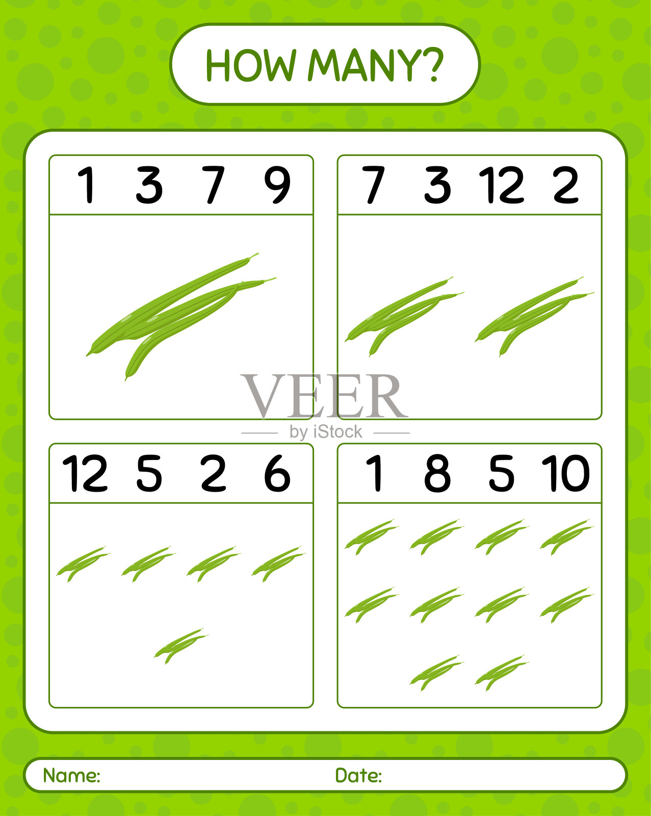 用青豆数多少游戏。学龄前儿童的工作表，儿童活动表，可打印的工作表插画图片素材