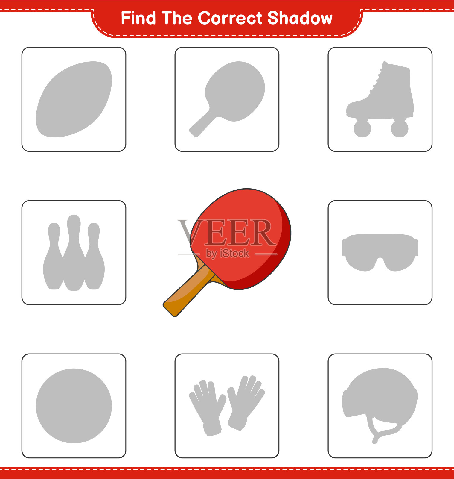 找到正确的阴影。找出并匹配正确的乒乓球拍影。教育儿童游戏，可打印的工作表，矢量插图插画图片素材