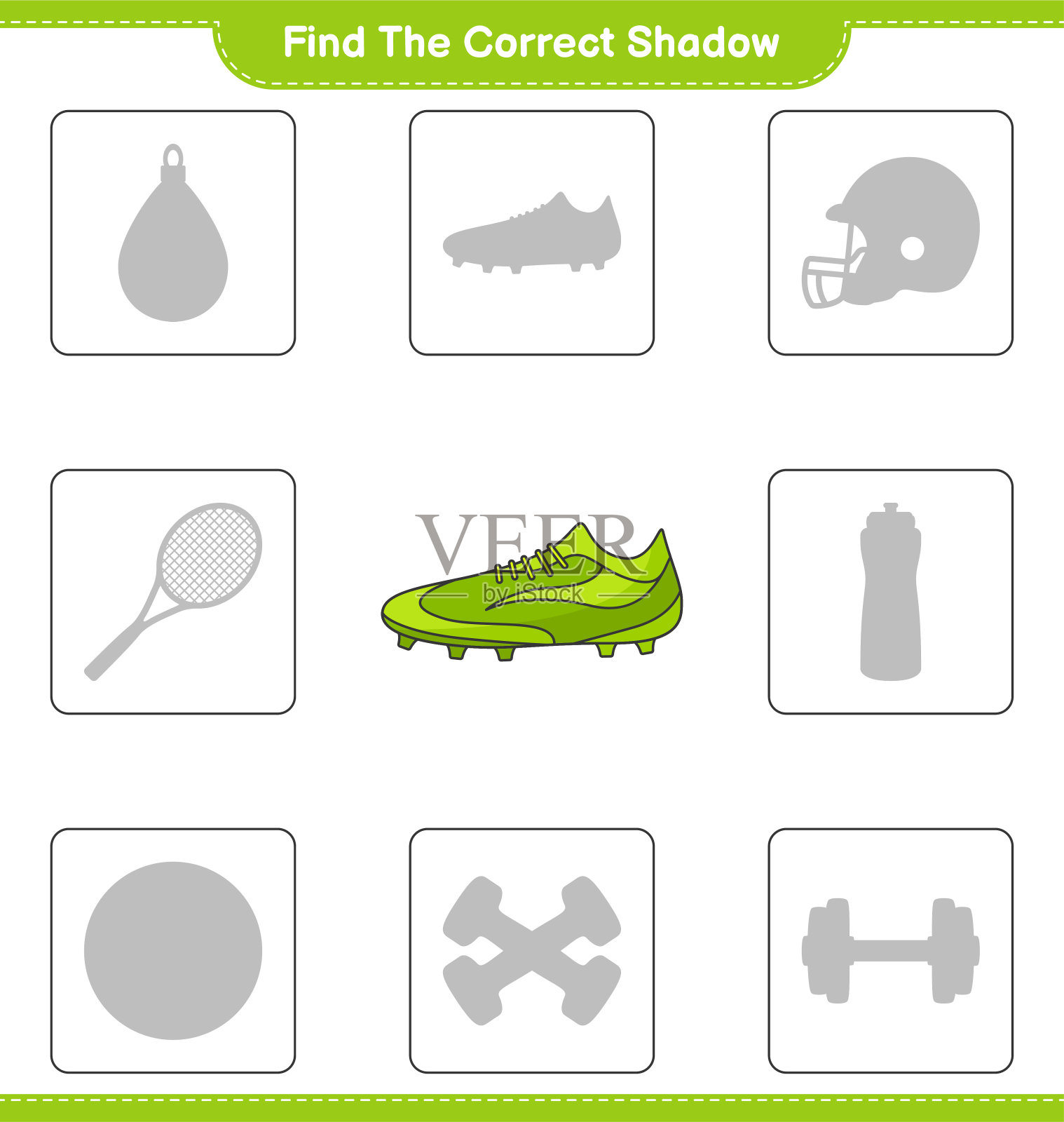 找到正确的阴影。找到并匹配正确的足球鞋的影子。教育儿童游戏，可打印的工作表，矢量插图插画图片素材