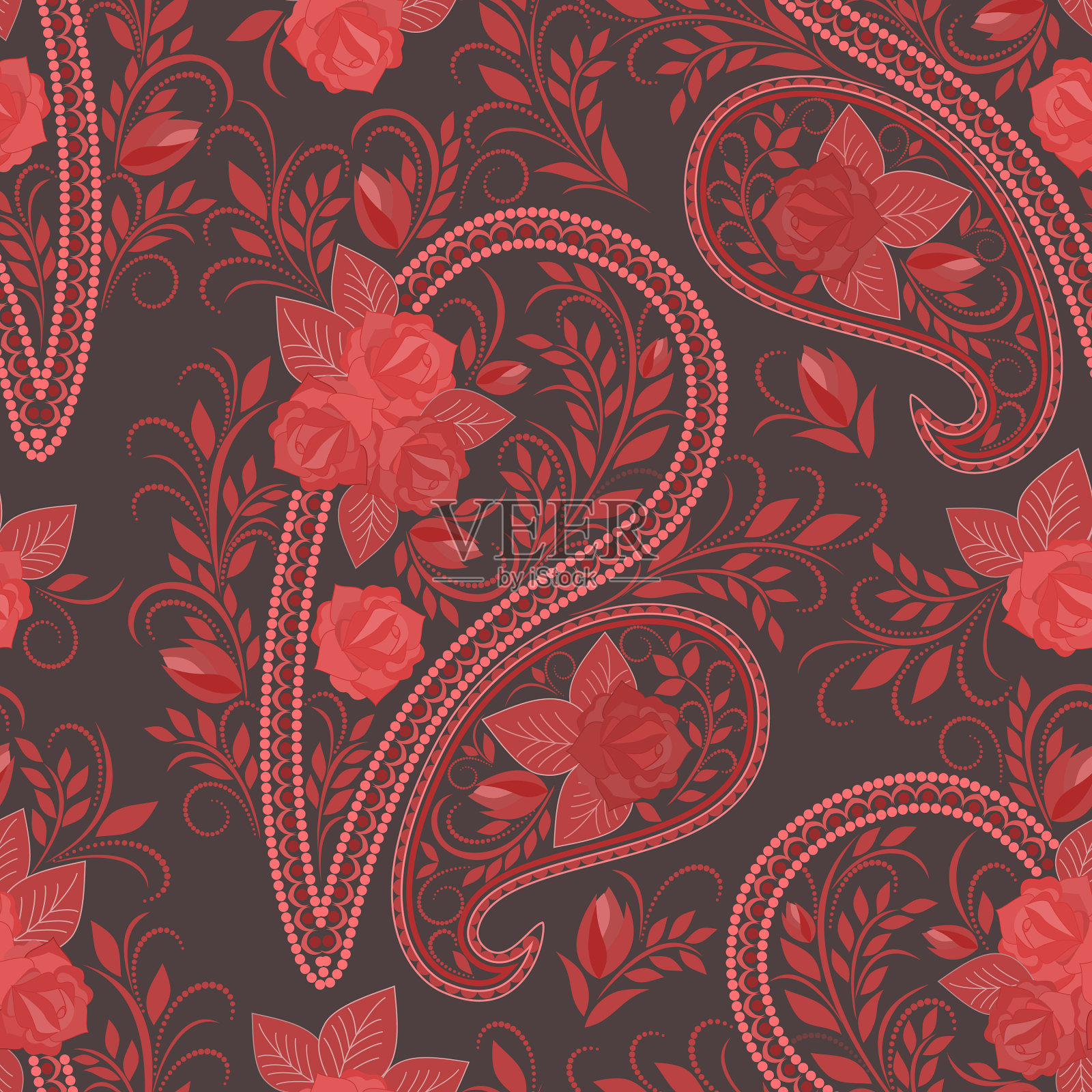 无缝的传统图案-佩斯利和玫瑰插画图片素材