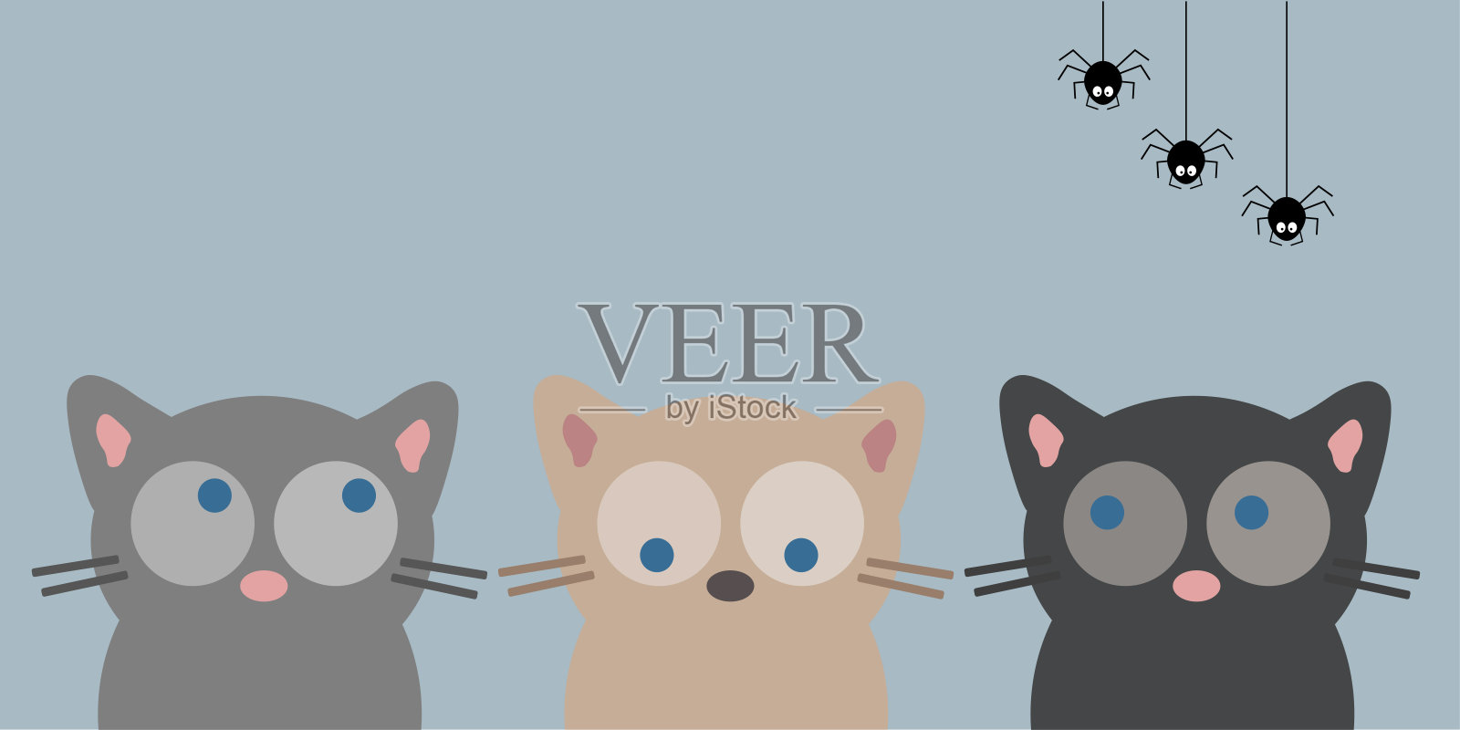 卡通风格的有趣的猫和蜘蛛角色。贺卡或横幅。向量。插画图片素材