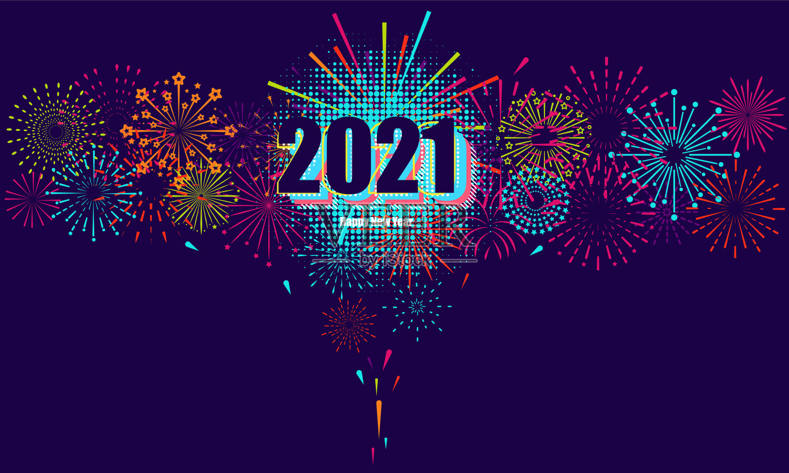 在烟花背景矢量设计上刻有2021年新年字样的贺卡插画图片素材