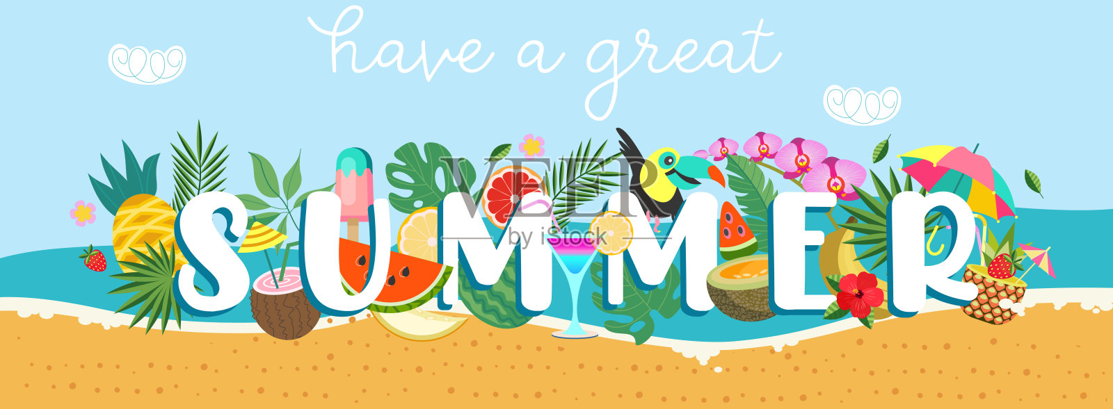 夏天五颜六色的海报。祝你暑假愉快。向量水平插图。插画图片素材