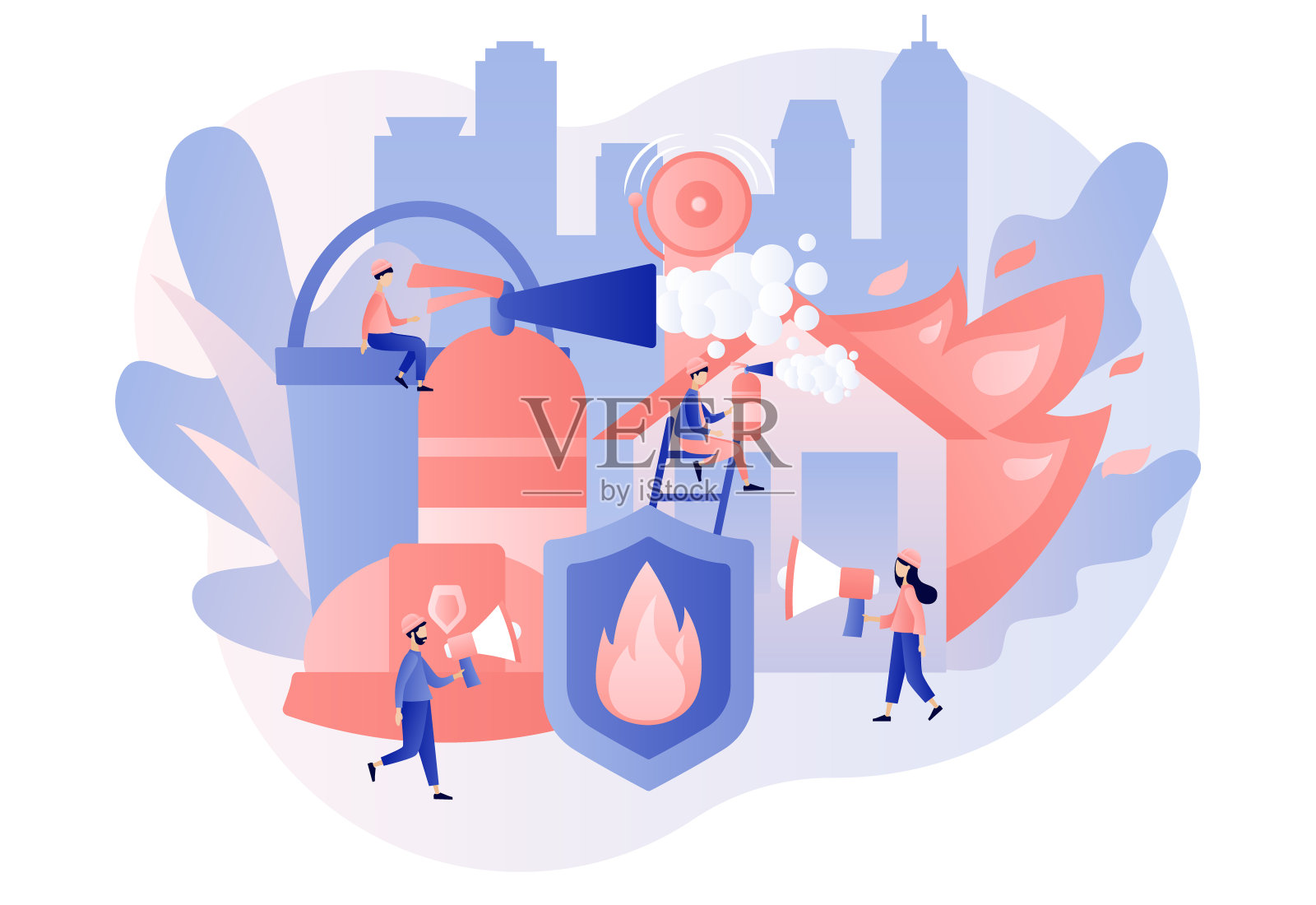 防火。防火技术。小人消防员灭火。救助者。火灾报警。现代平面卡通风格。矢量插图上的白色背景插画图片素材