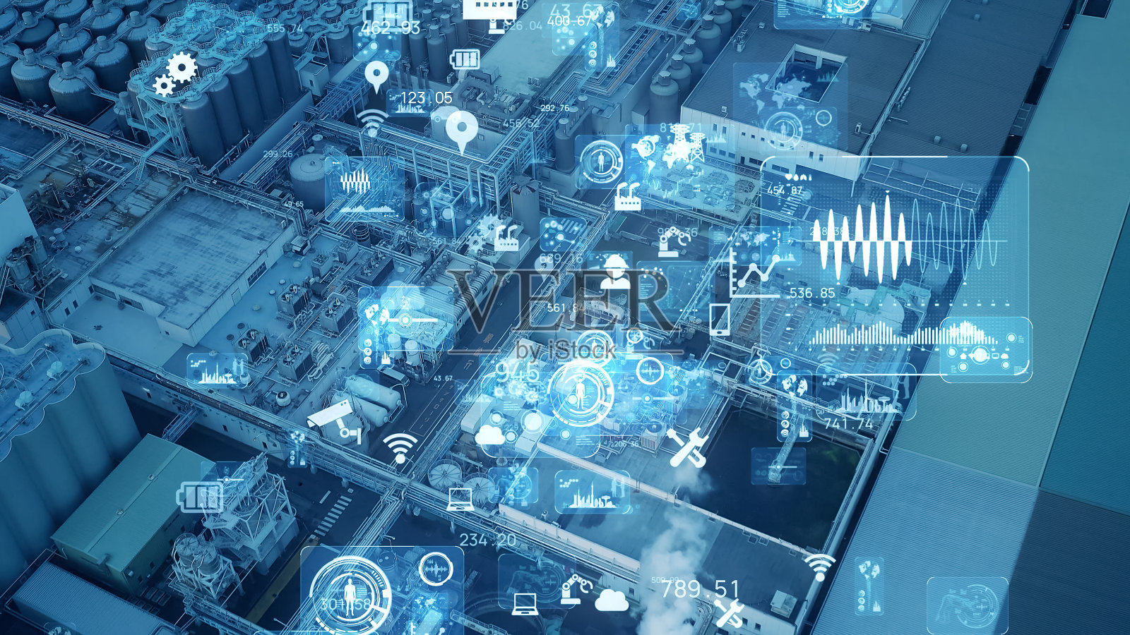 工业技术的概念。通信网络。4.0行业。工厂自动化。照片摄影图片