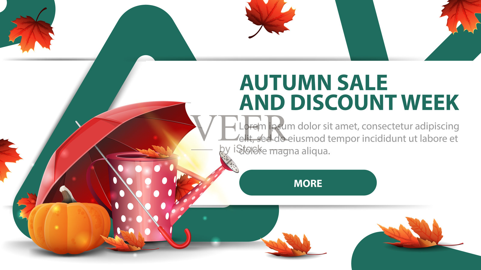 秋季销售和折扣周，现代折扣横幅与时尚设计为您的网站与花园喷壶，雨伞和成熟的南瓜插画图片素材