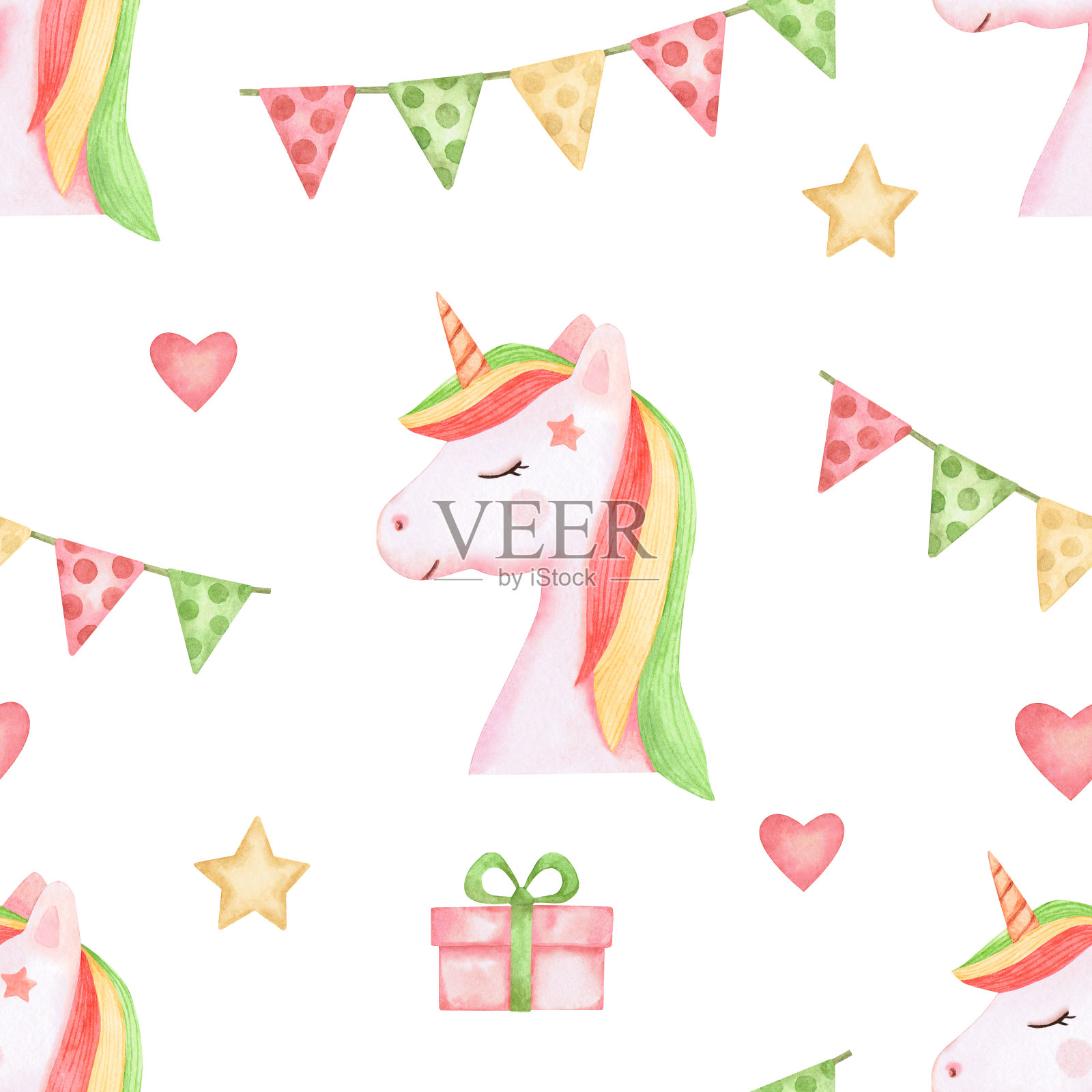 水彩无缝图案与独角兽小马。儿童纺织品和托儿所设计插图。插画图片素材