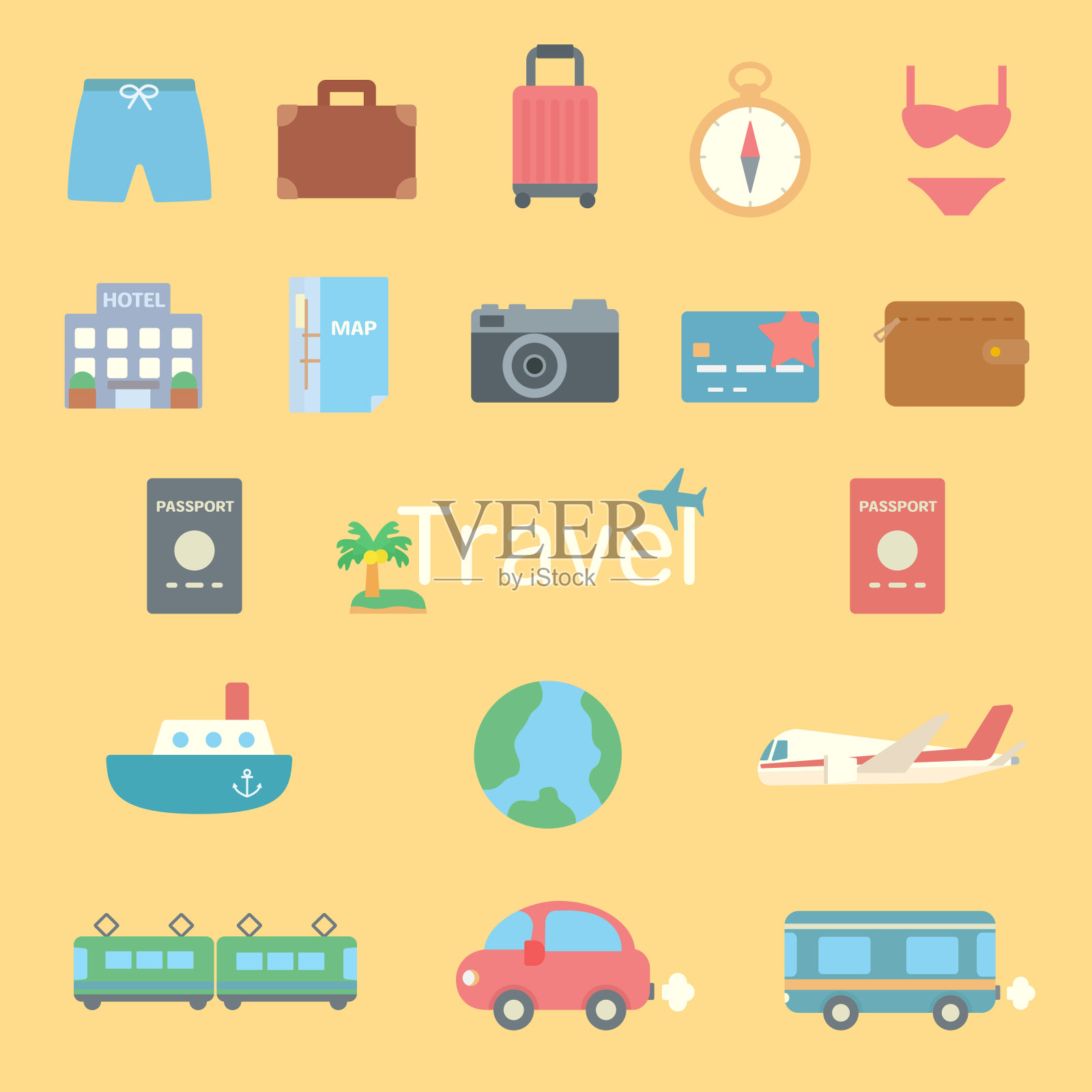 简单可爱的旅行图标设置插画图片素材