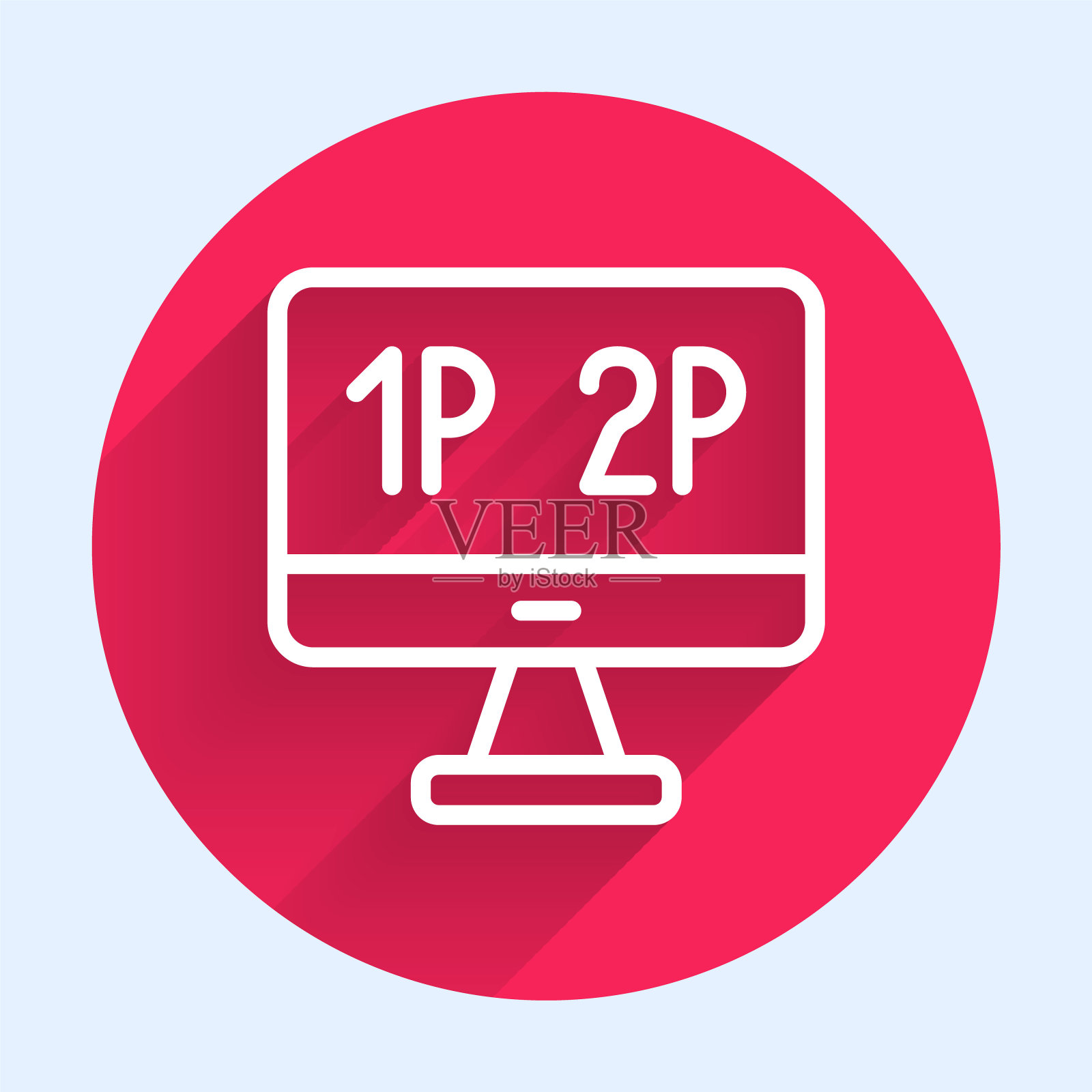 白线电脑显示器屏幕上的图标与长阴影隔离。电子装置。前视图。红色圆圈按钮。向量插画图片素材