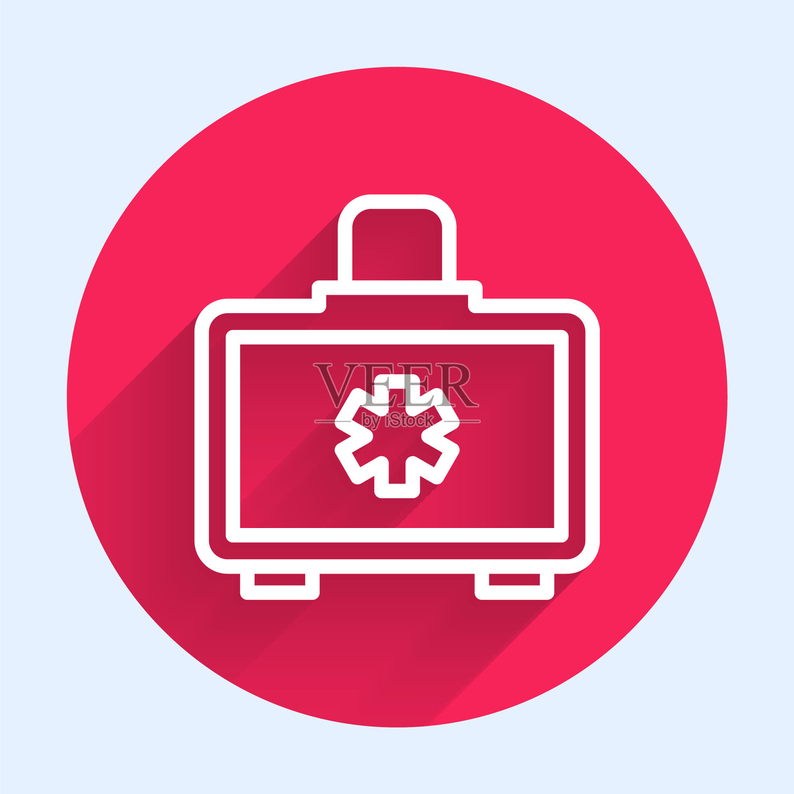 白色线急救箱图标与长阴影隔离。十字医疗箱。应急医疗设备。医疗保健的概念。红色圆圈按钮。向量图标素材