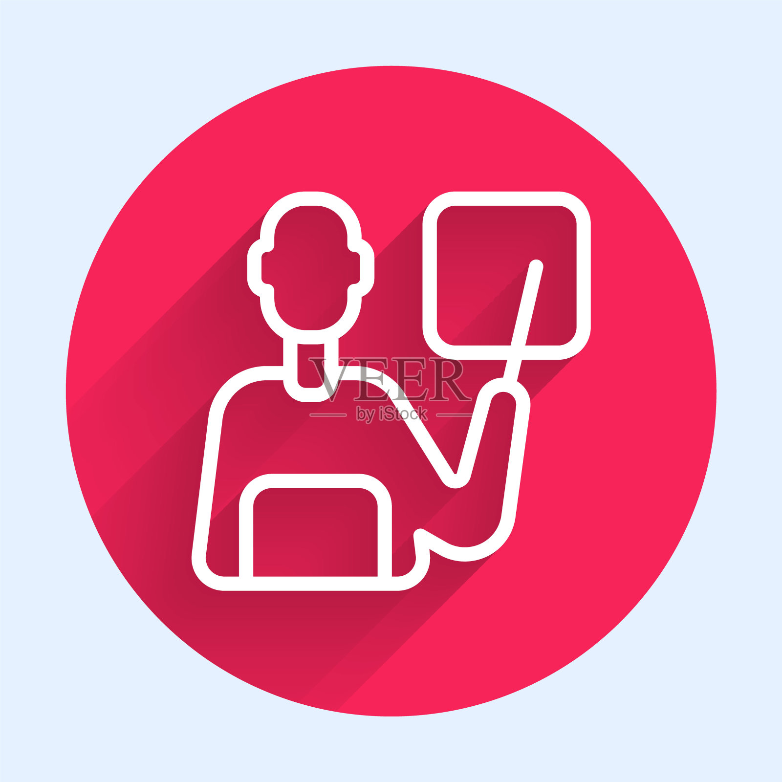 白线教师图标孤立与长影子。红色圆圈按钮。向量插画图片素材