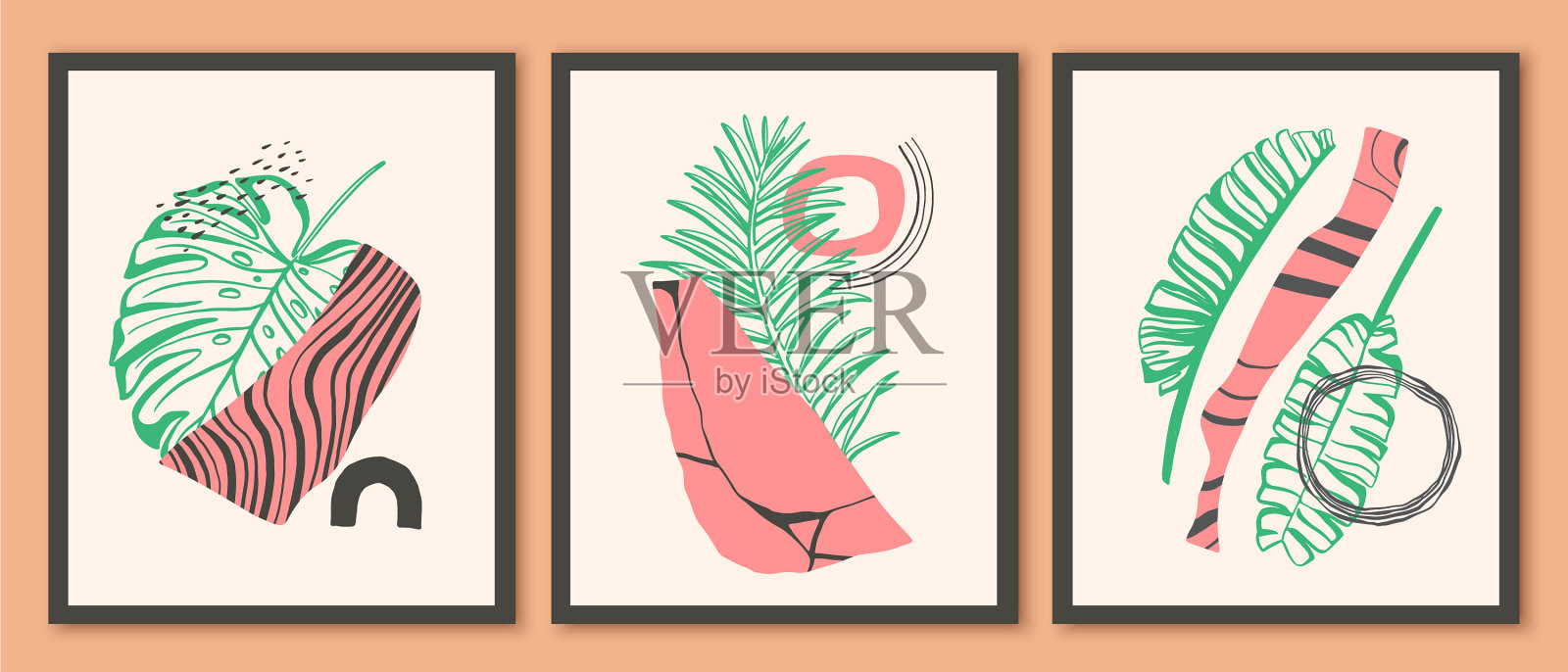 用绿色的异域棕榈树设置墙壁艺术画插画图片素材