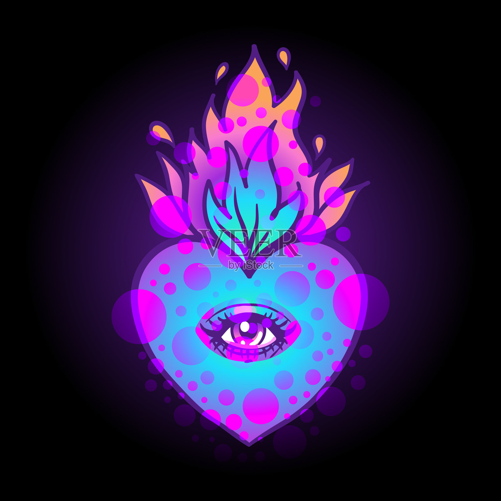 神圣的心带着眼睛，燃烧着火焰插画图片素材