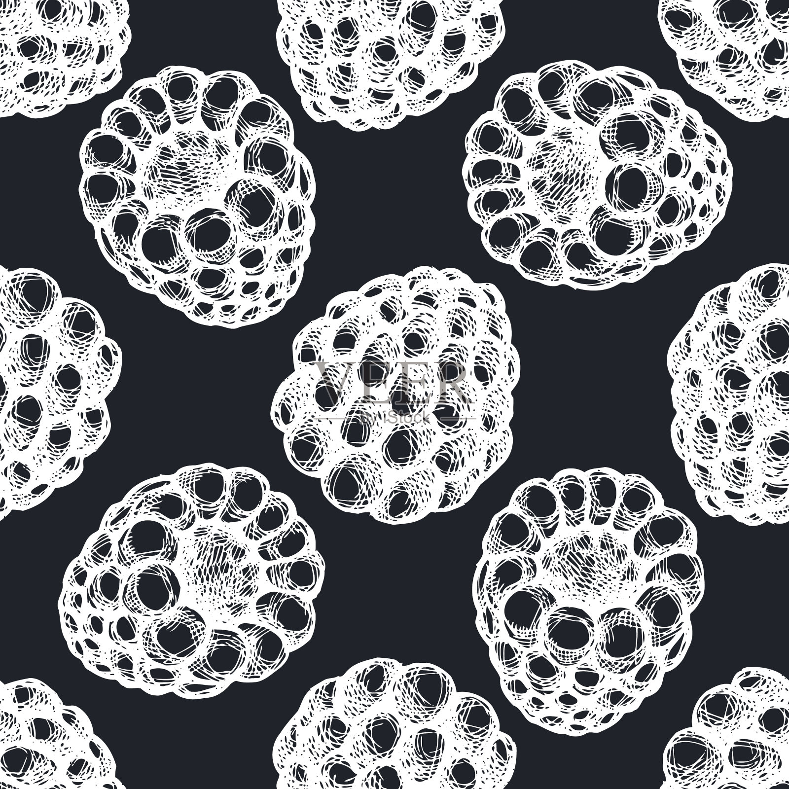 无缝图案与手绘粉笔覆盆子插画图片素材