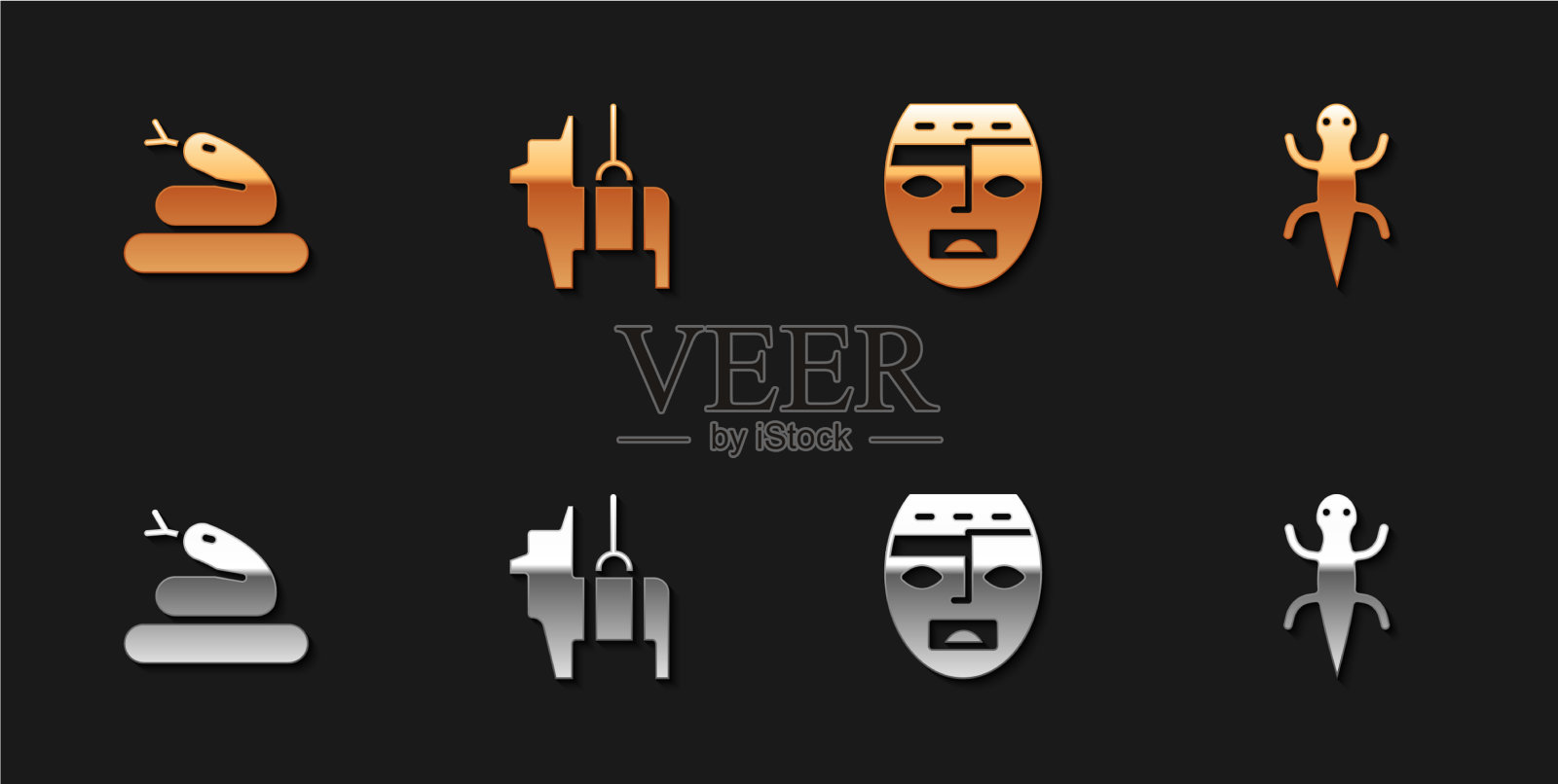 设置蛇皮纳塔阿兹特克面具和蜥蜴图标图标素材