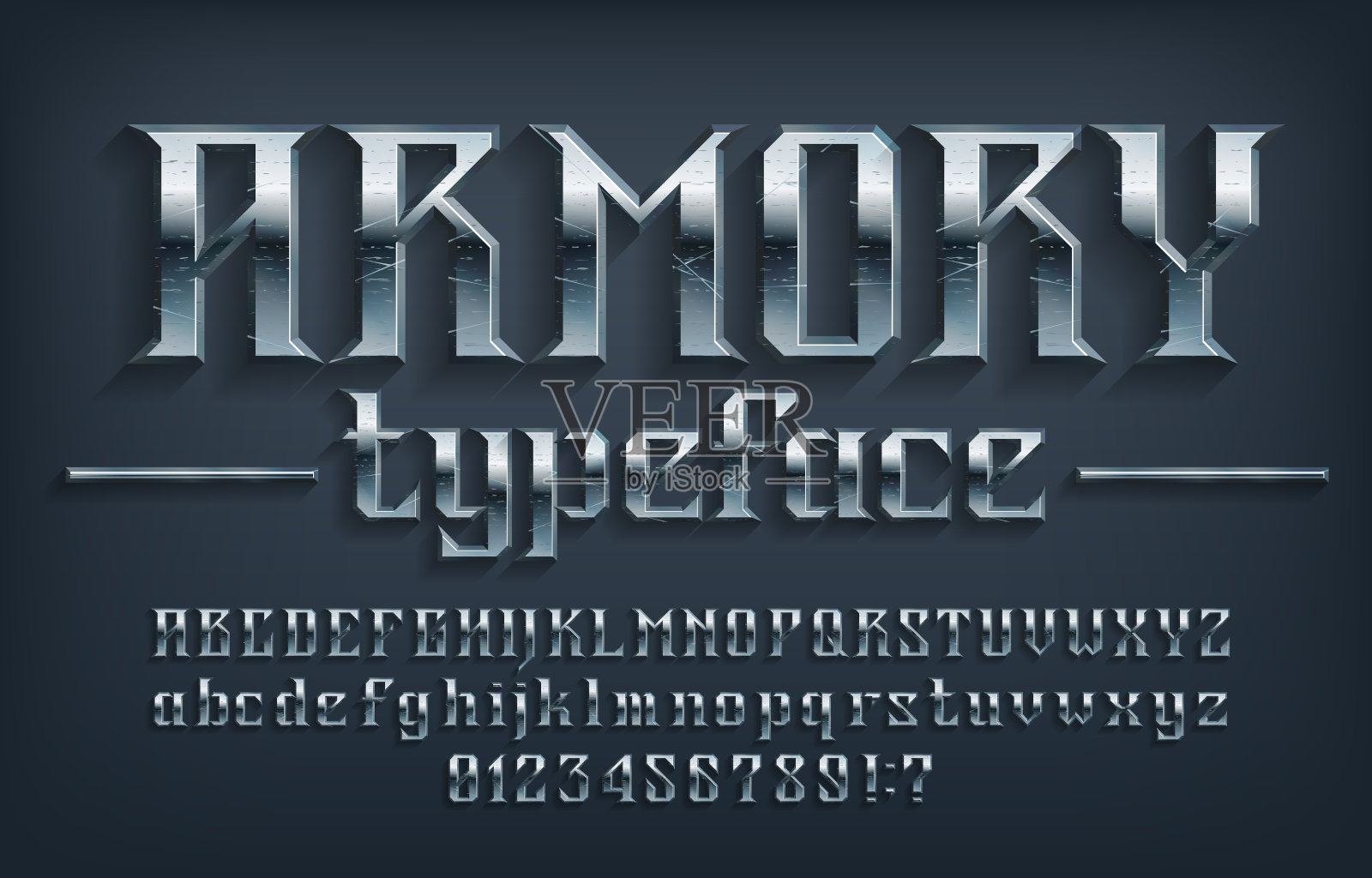 军械库字母字体。刻痕金属复古字母，数字和符号。大写和小写字母。插画图片素材