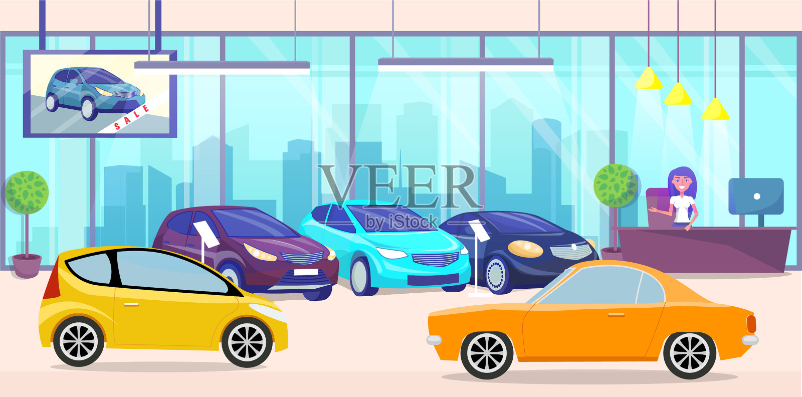 试驾汽车展示厅出售豪华汽车插画图片素材