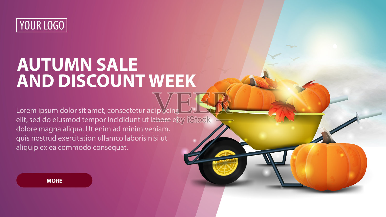 秋季销售和折扣周，创造性的粉色折扣网络横幅为您的艺术与花园手推车收获南瓜和秋天的叶子插画图片素材