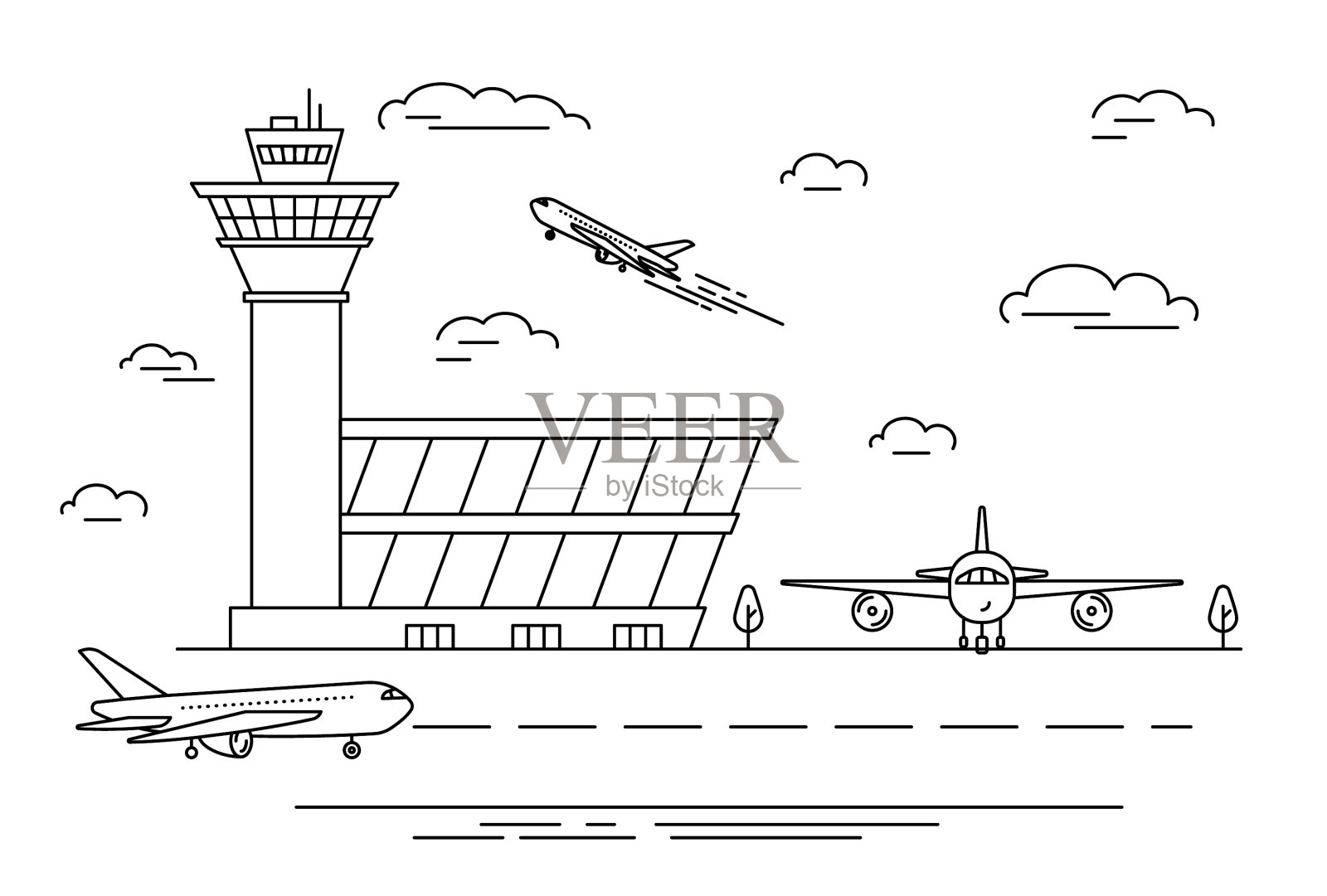 机场景观场景黑色线性风格插画图片素材