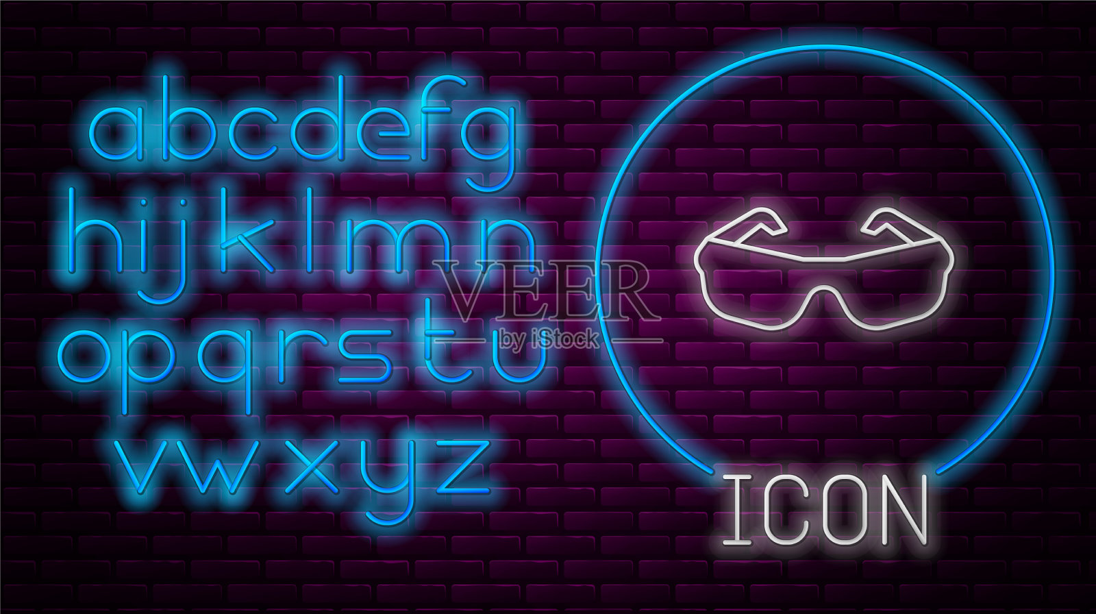 发光的霓虹线玻璃图标孤立在砖块上插画图片素材