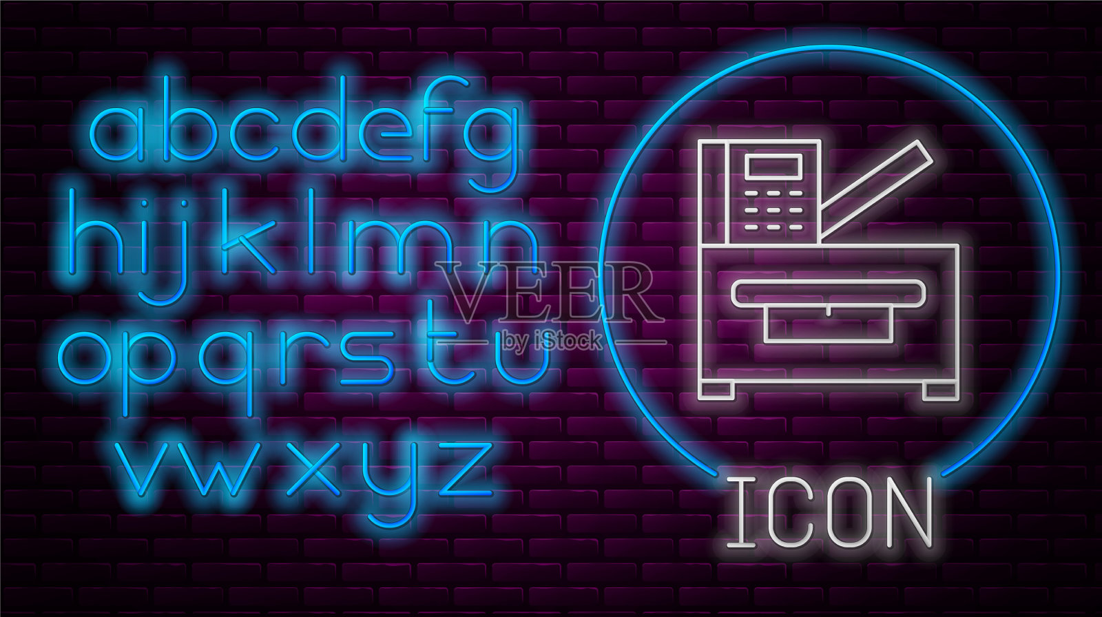 发光的霓虹灯线办公多功能打印机插画图片素材