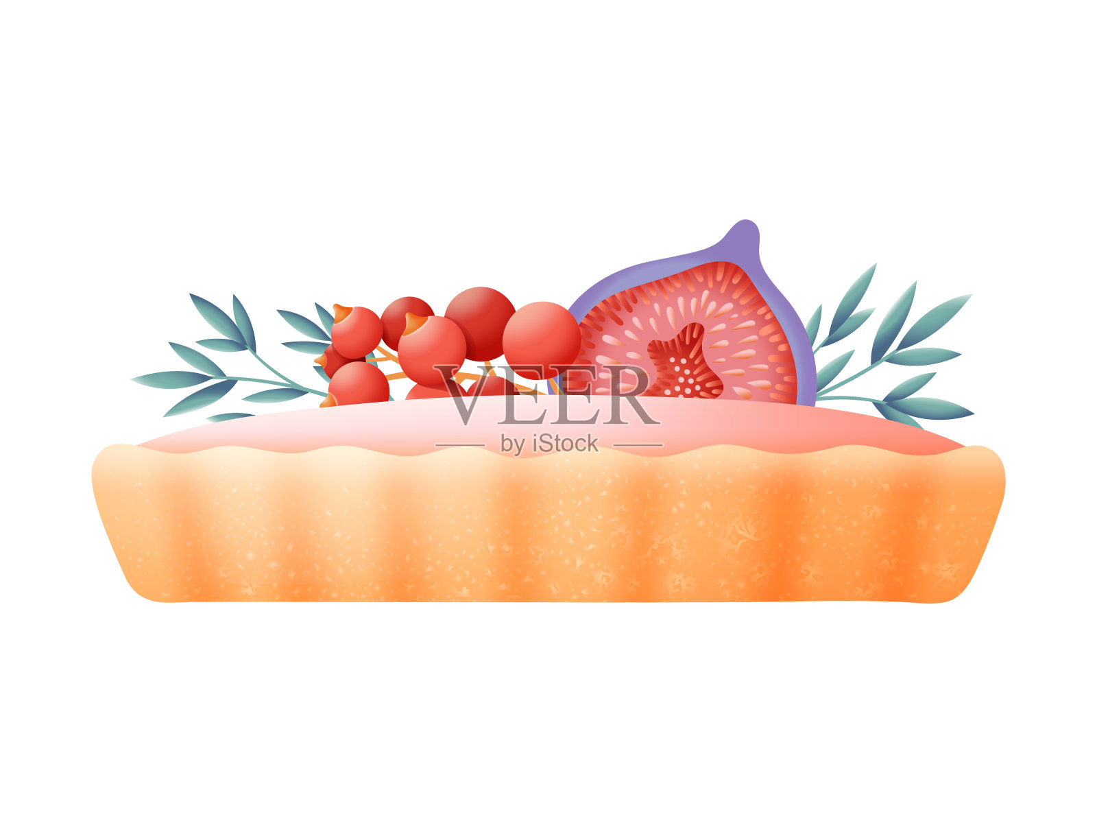 甜挞与浆果和水果矢量设计与粉红色奶油装饰新鲜无花果水果和红醋栗浆果插画图片素材