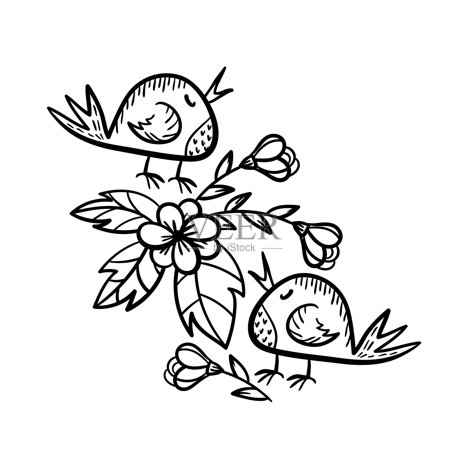 给大一点的孩子涂色。画的是鸟和花。手绘矢量图。插画图片素材