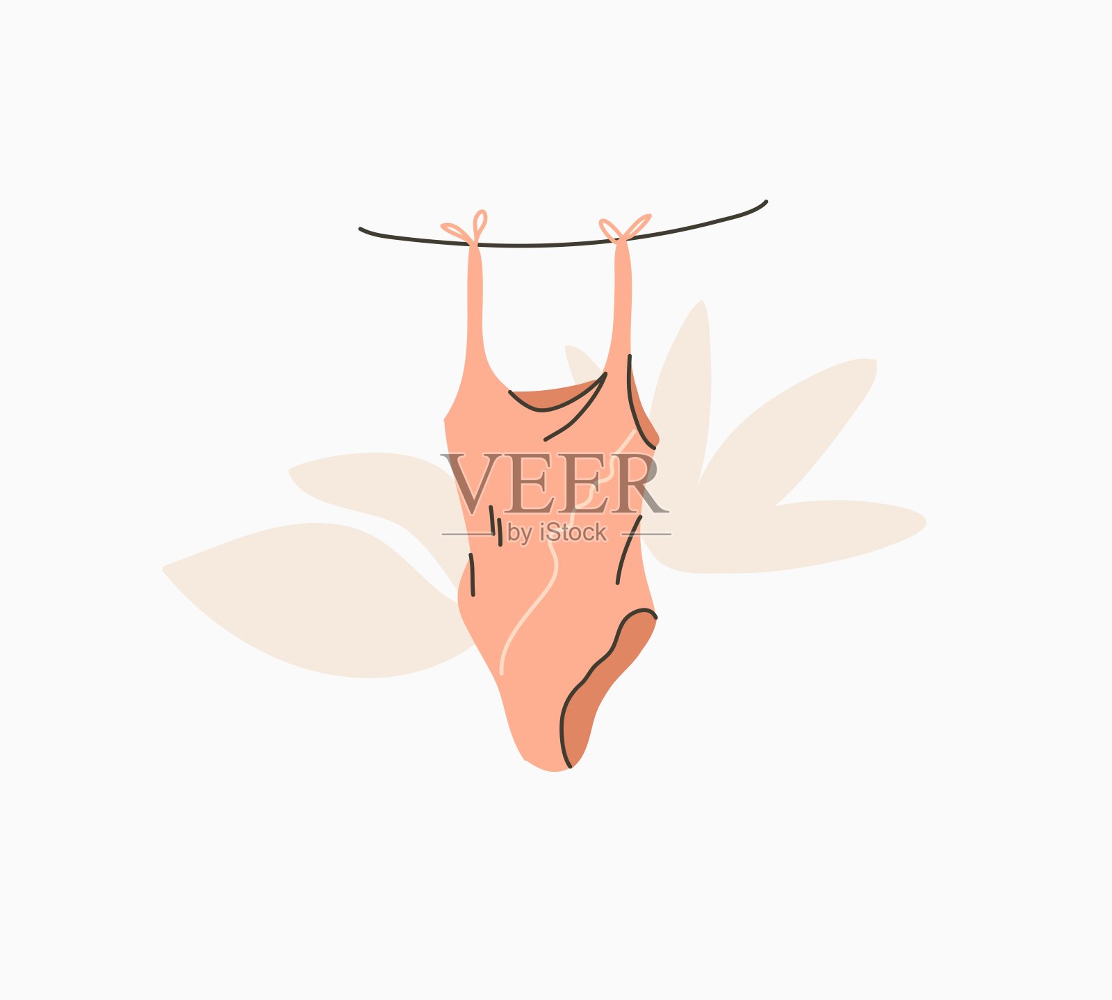 手绘矢量抽象股票图形夏季卡通，极简主义插图印花与波西米亚美丽的海滩粉红色女性泳衣孤立在白色的背景。插画图片素材