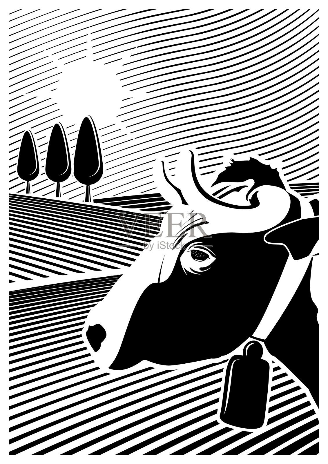 矢量插图的草地。在前景你可以看到一头奶牛。黑白两色。插画图片素材