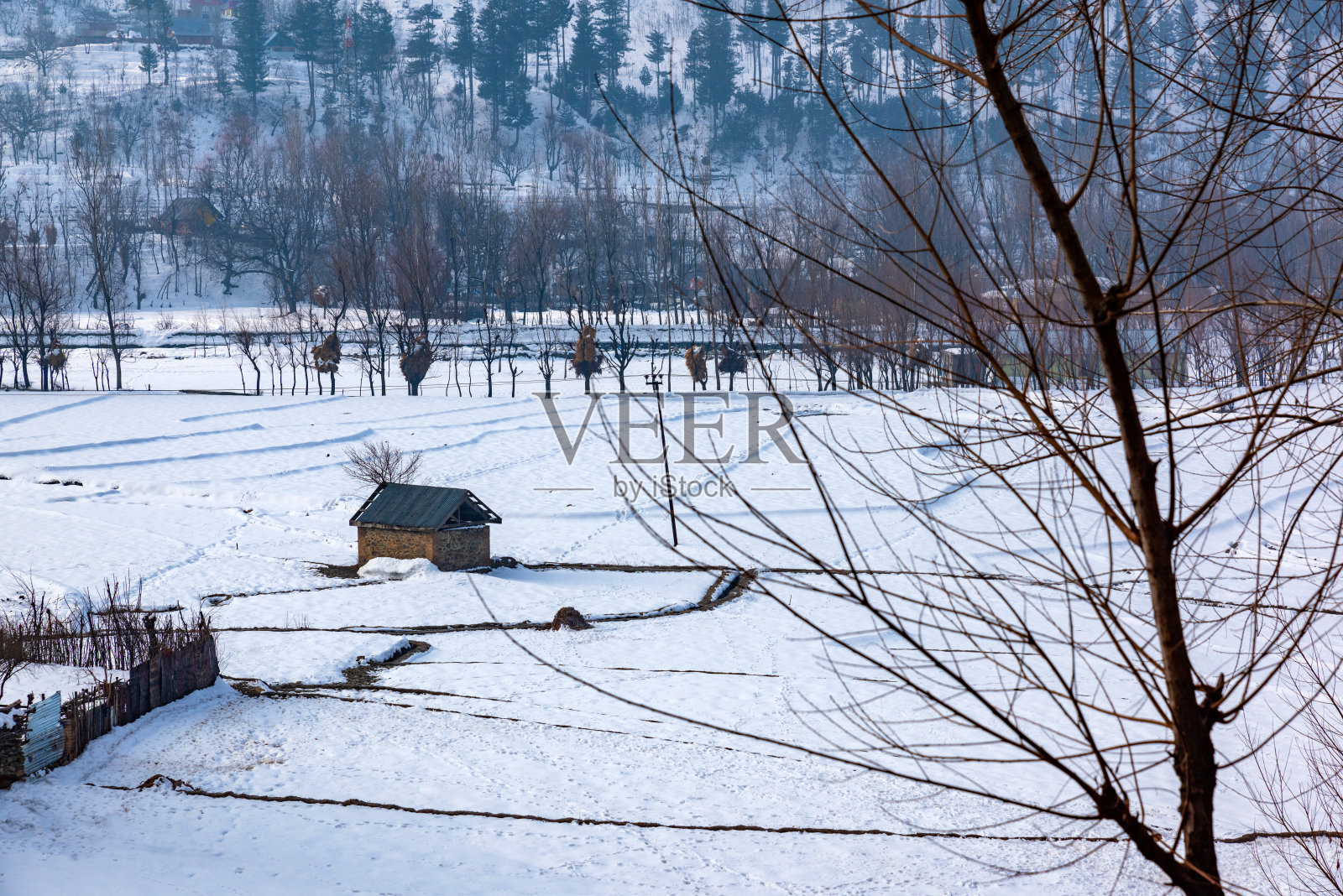 从斯利那加到印度克什米尔松玛格的路上，白雪覆盖的农场。照片摄影图片