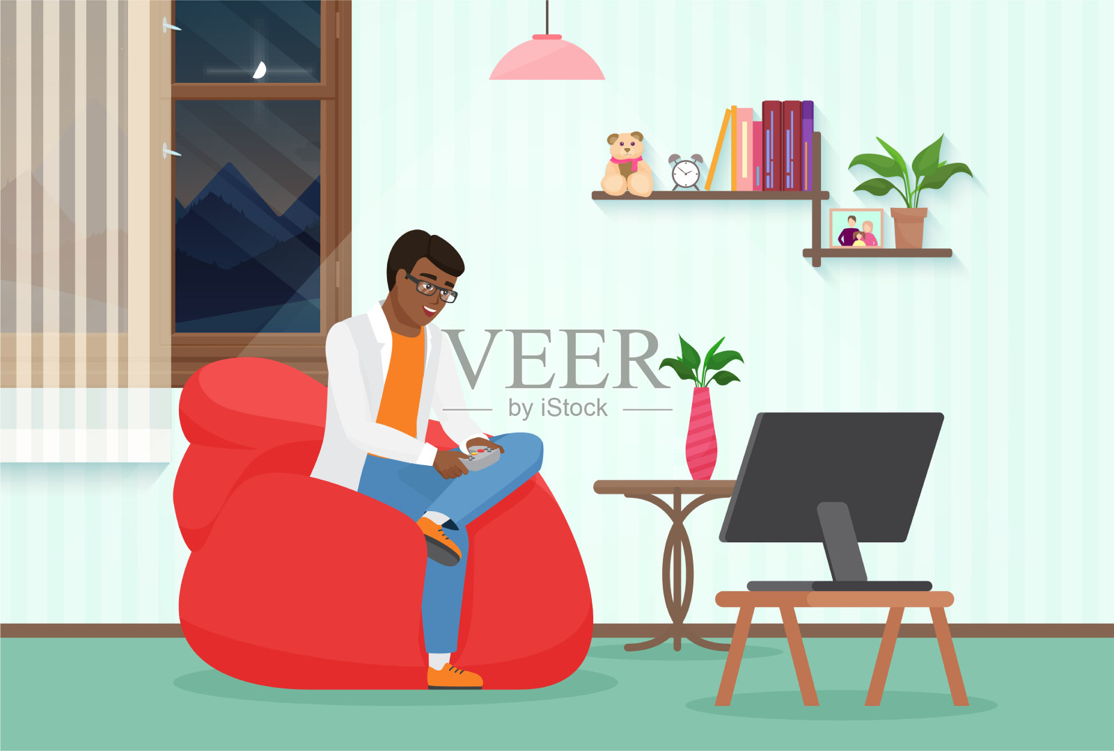 人们在家里用手柄玩电子游戏插画图片素材