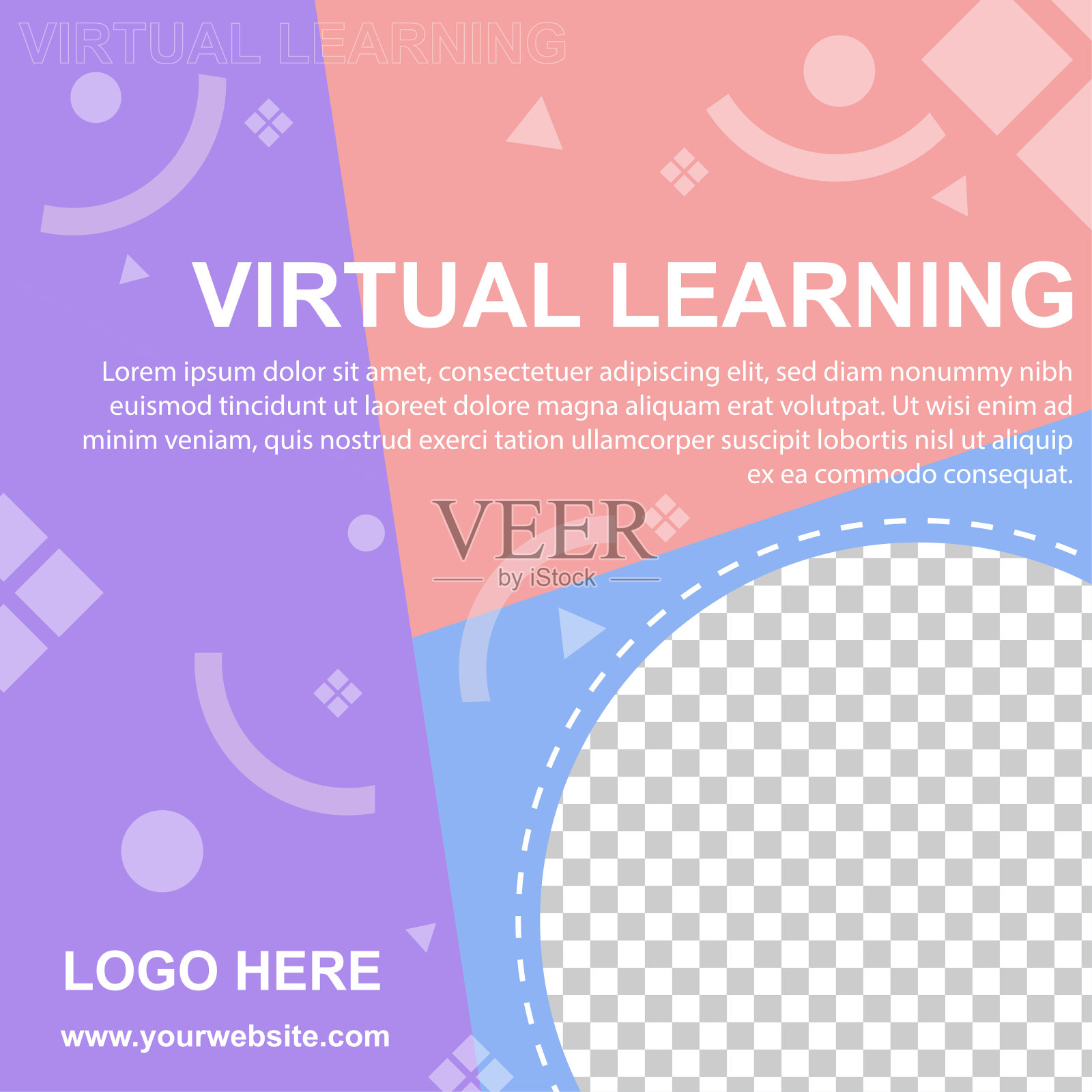 虚拟学习社交媒体张贴横幅模板。可编辑的所以网络旗帜的社交媒体。矢量插图粉彩背景与照片学院。插画图片素材