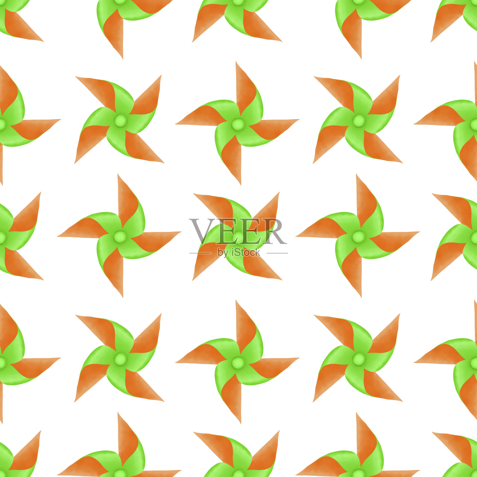 绘制绿色和橙色叶片的纸涡轮机插图，彩色叶片无缝模式的白色背景，孤立和剪切路径插画图片素材