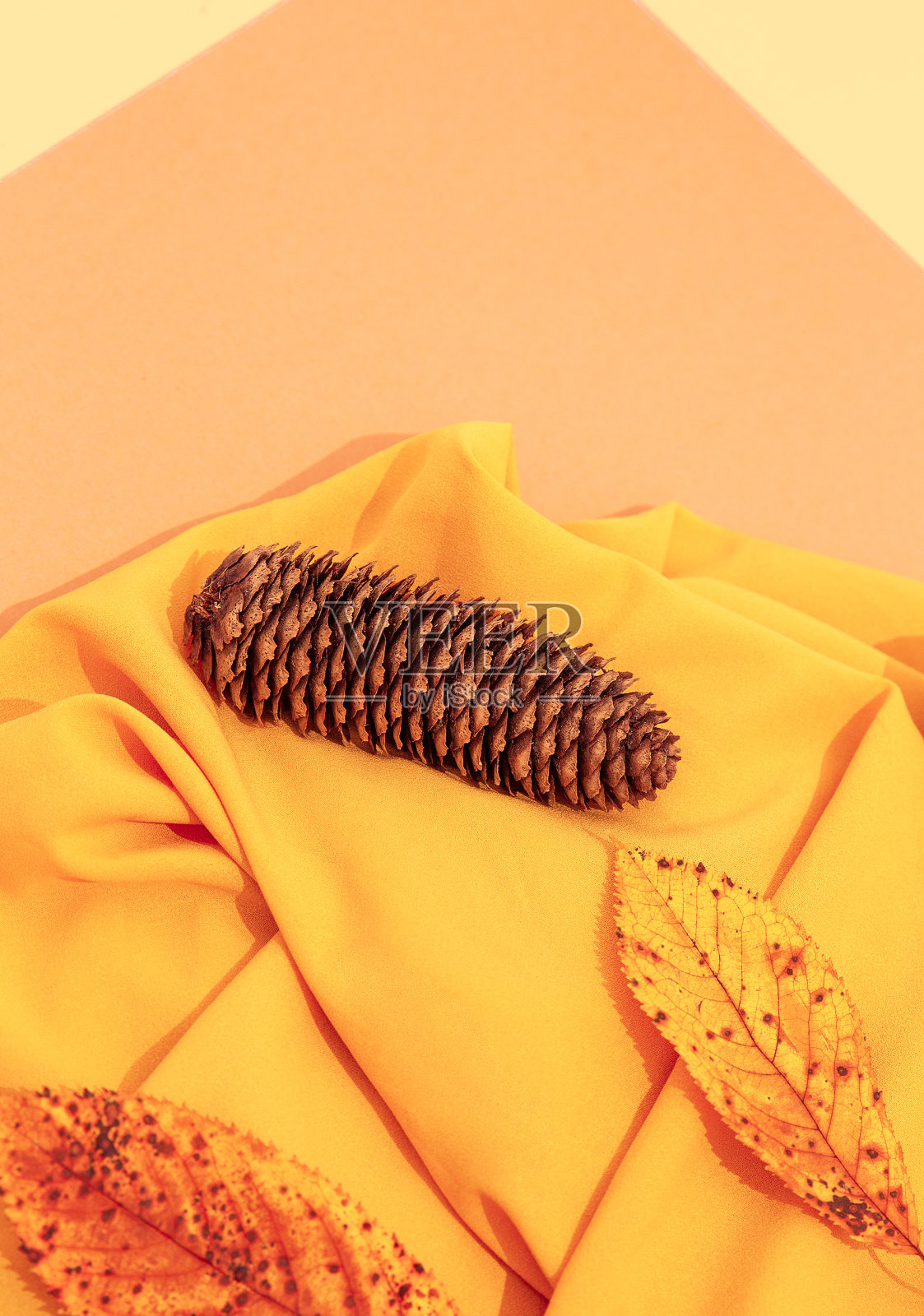 秋冬背景秋叶装饰和玉米，黄色织物。时髦的棕色、黄色、米黄色色调。静物美学季节性壁纸照片摄影图片