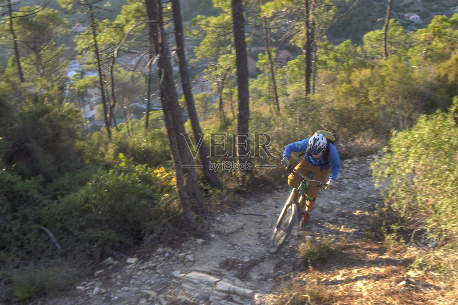一个年轻人骑着山地自行车穿过茂密的树林照片摄影图片