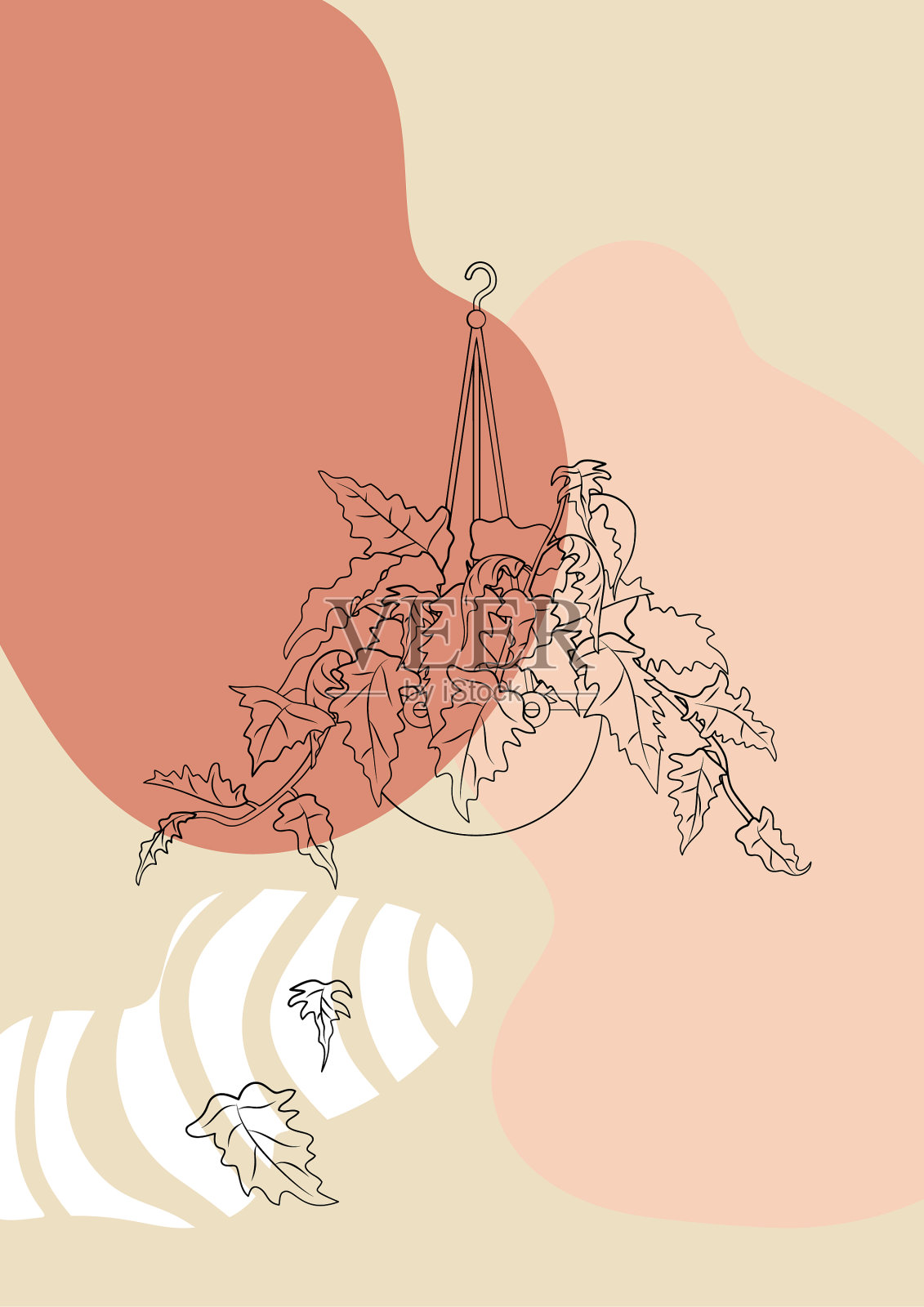 波西米亚风格印花与线条艺术热带盆栽插画图片素材