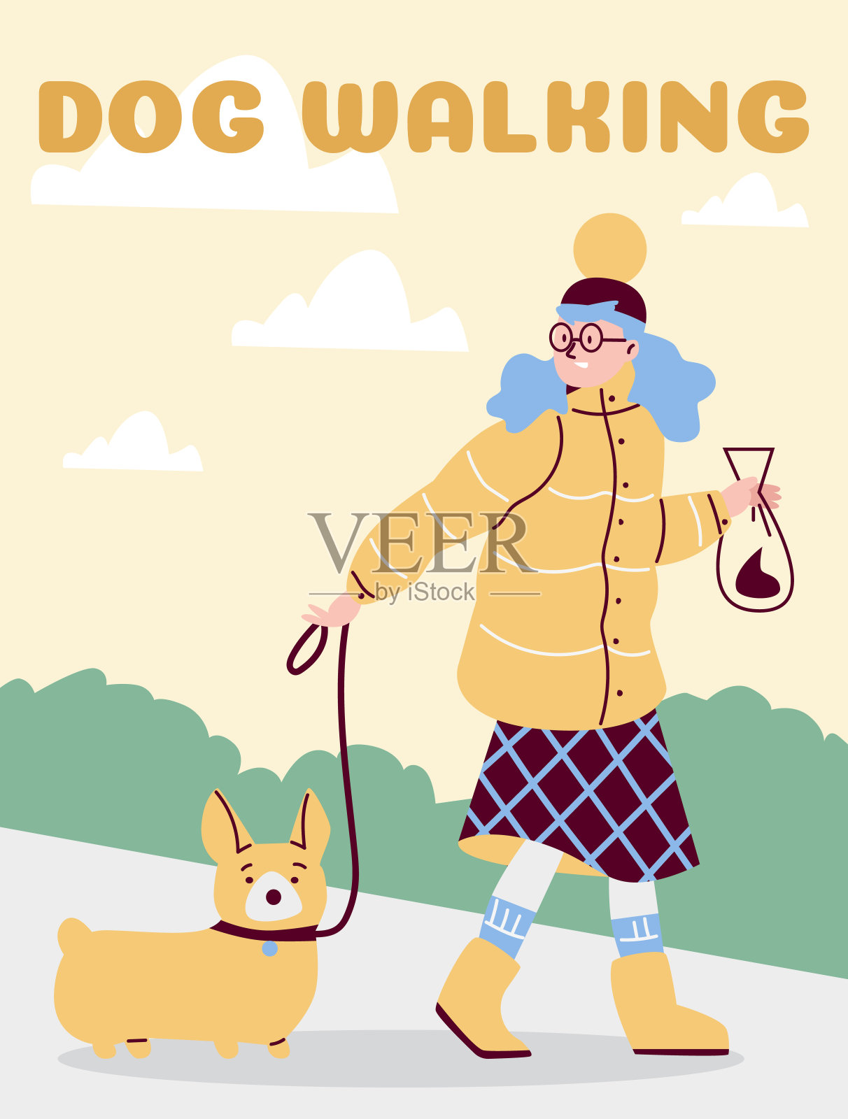 带有女性角色与狗散步的横幅或海报，平面矢量插图。插画图片素材