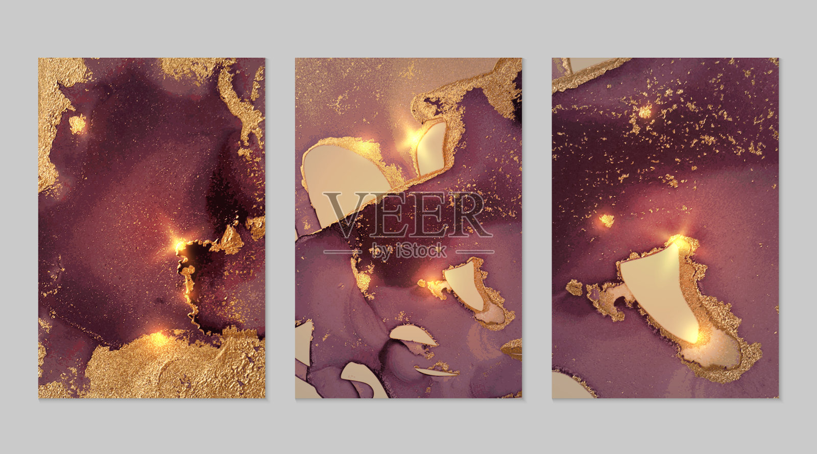 一套大理石图案。栗色和金色的晶片纹理与闪光插画图片素材