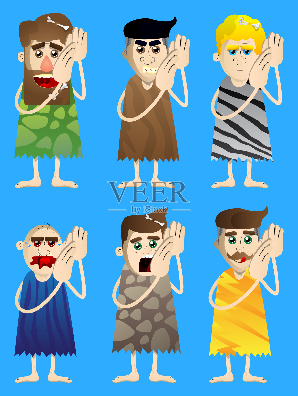 史前人类将双手放在耳朵边倾听。插画图片素材