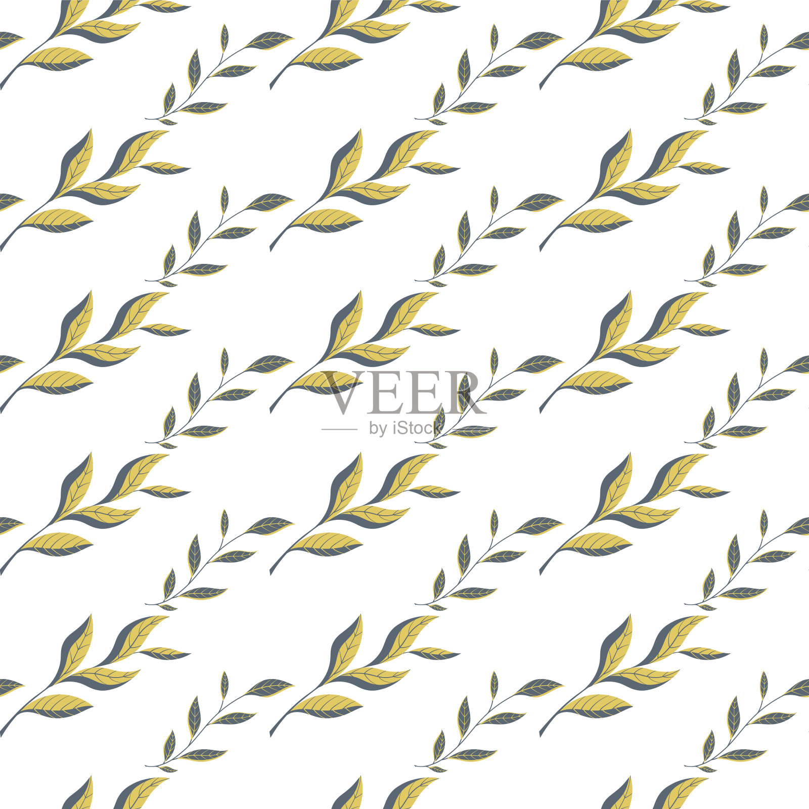 矢量无缝模式与绿色和黄色的叶子，树枝在白色的背景插画图片素材